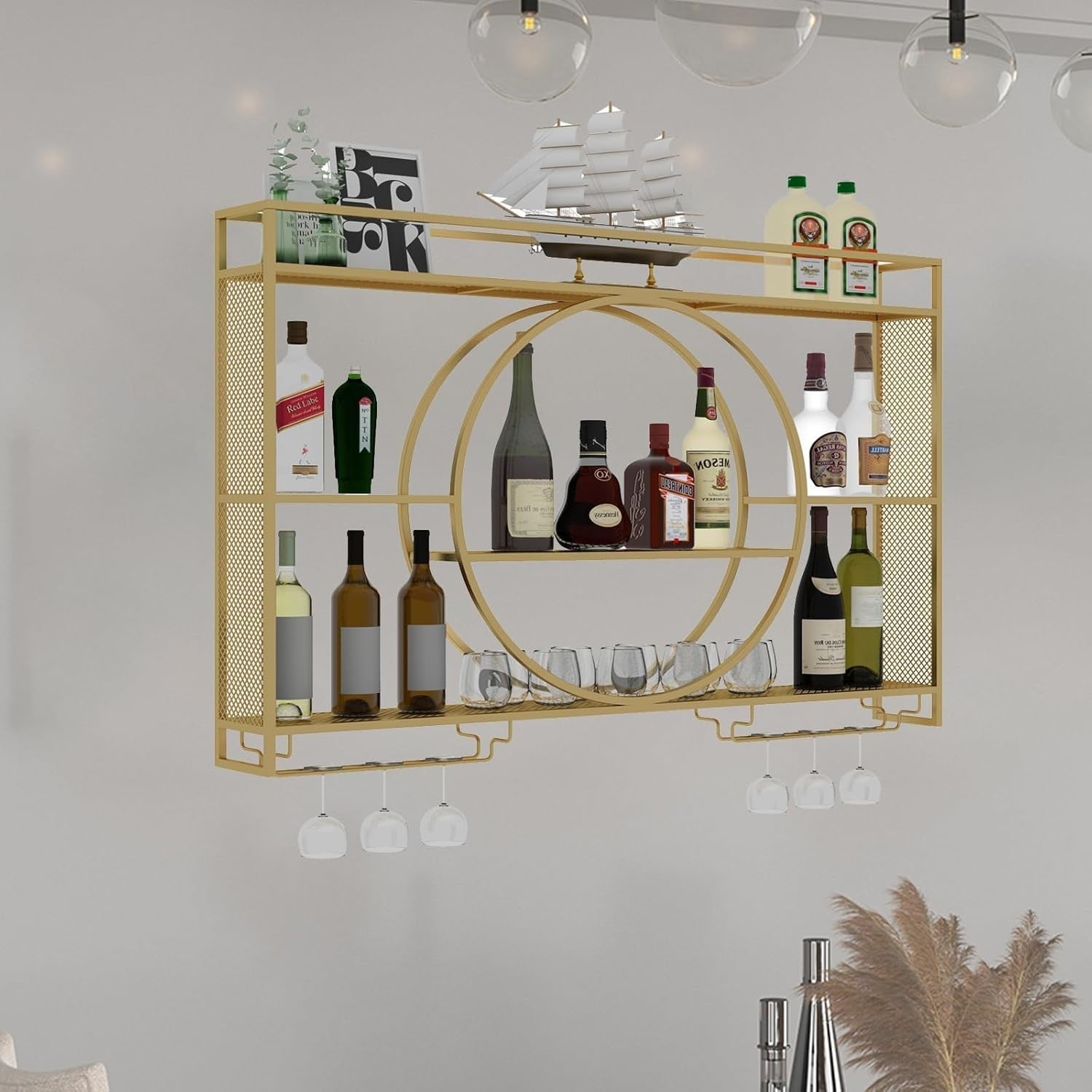 Gold Wall Mounted Wine Rack 120cm Bar Shelf with Glass Holders & Bottle Storage