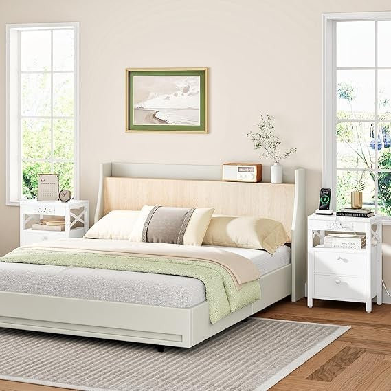Modern White Bedside Table with Charging Ports, 2 Drawers & Open Shelf Storage