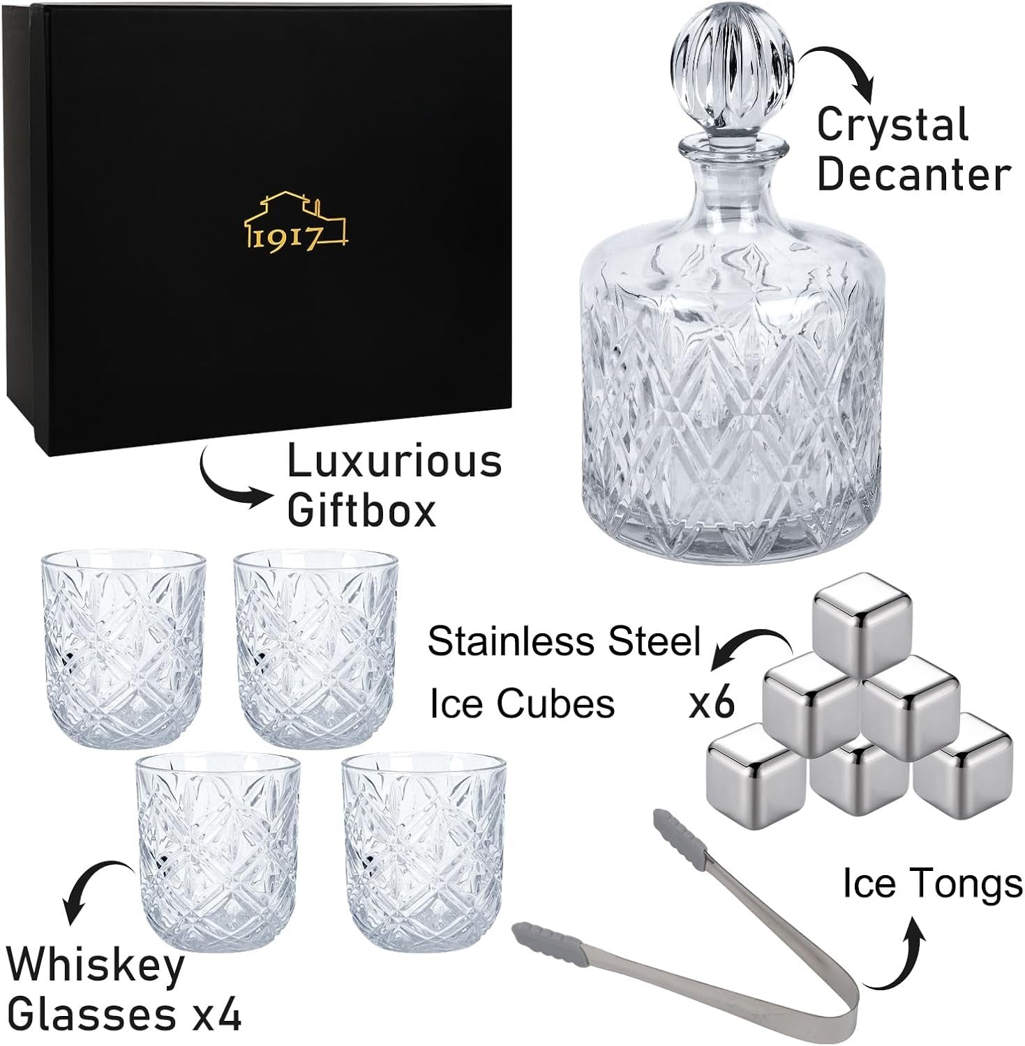 Luxury Crystal Whiskey Decanter Set 1.1L with 4 Glasses & Chilling Stones Gift