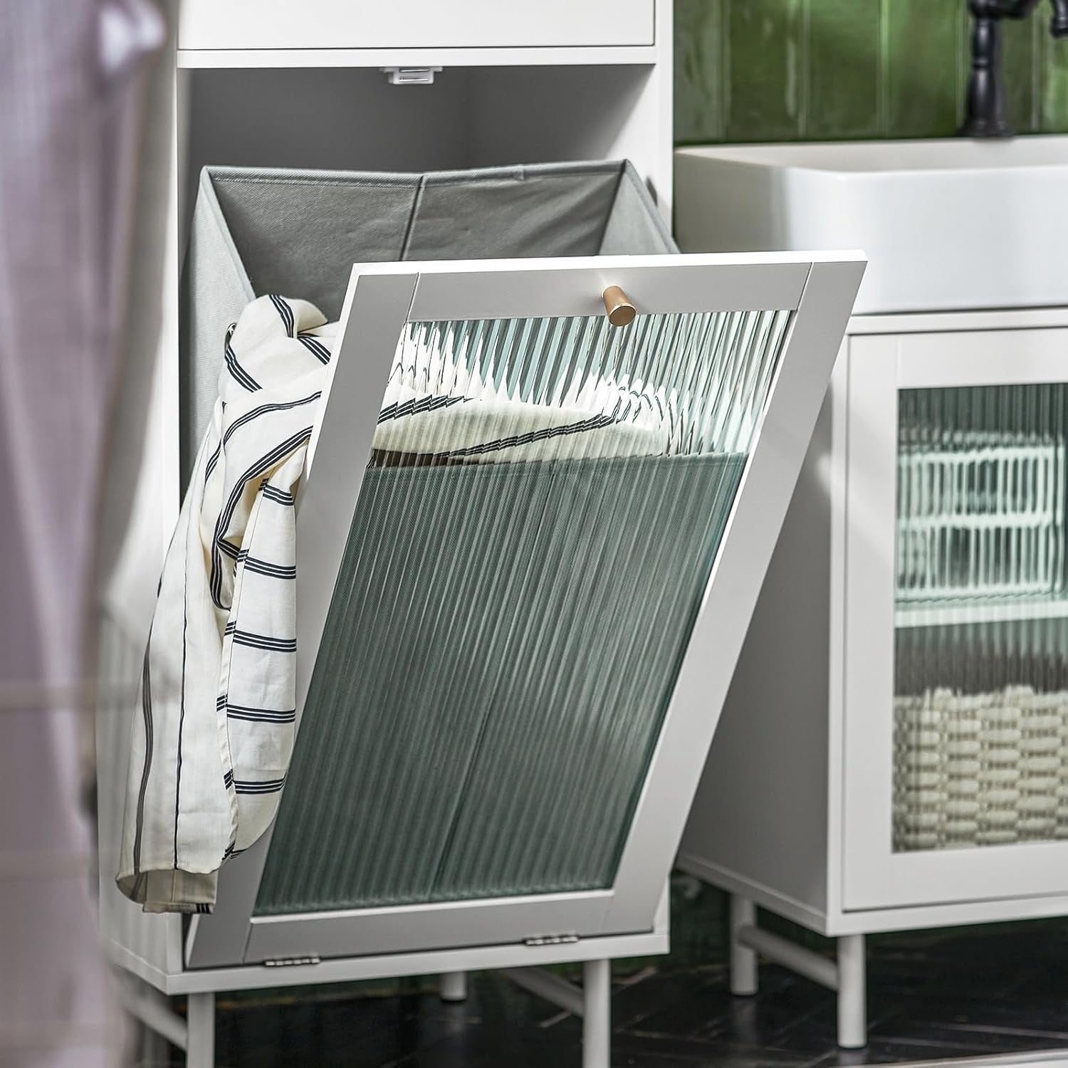 White Laundry Cabinet with Glass Door Drawer Tilt-Out Basket Slim Bathroom Unit