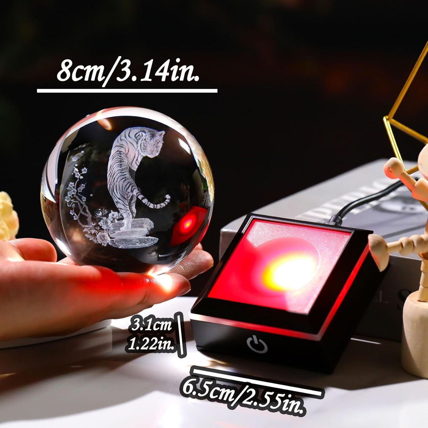 8cm 3D Crystal Tiger Globe LED Light Base Animal Ornament Gift Home Decor