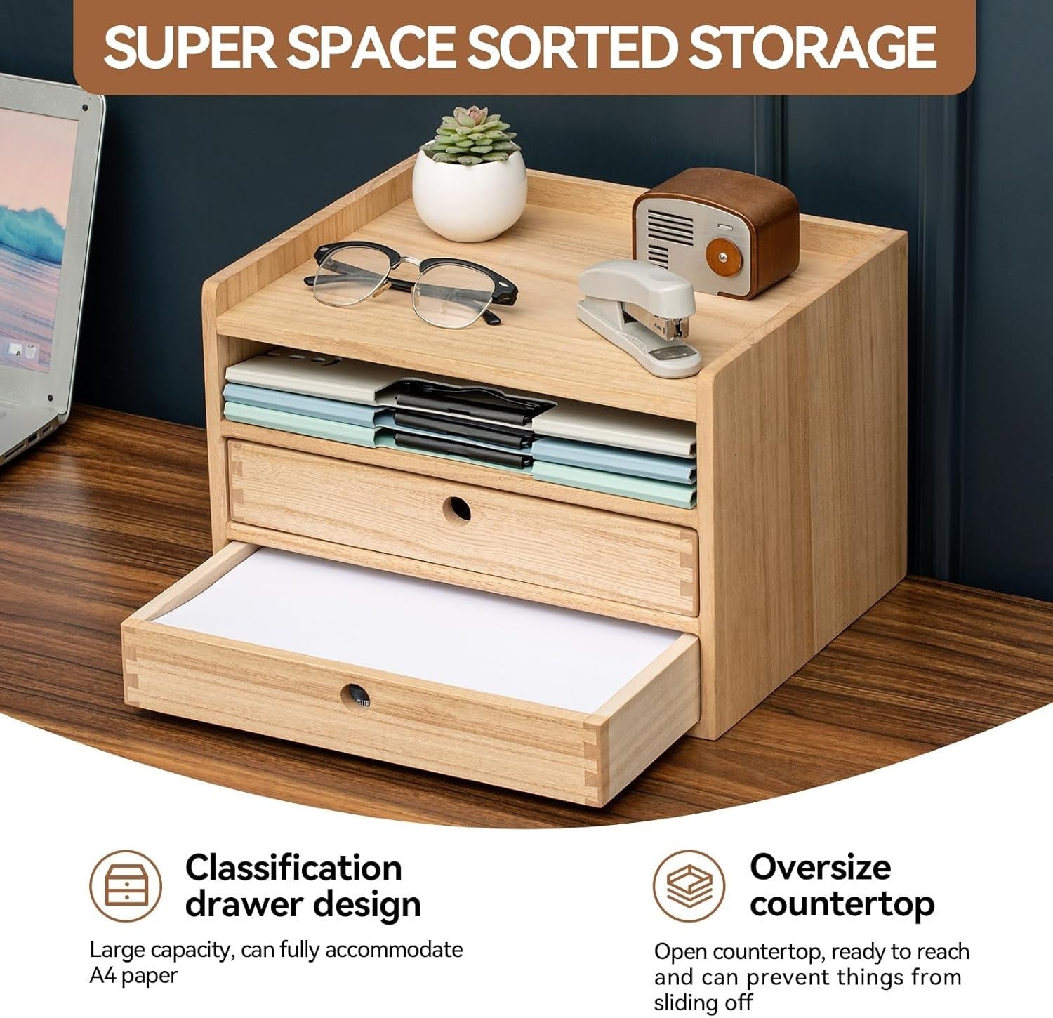 Wood Desk Organizer with Drawers & Shelf – Home Office Storage Box