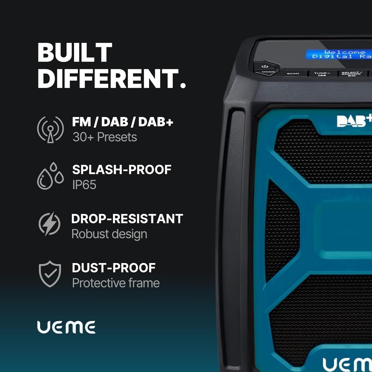 Rugged DAB+ FM Site Radio Bluetooth 6000mAh USB Rechargeable Blue