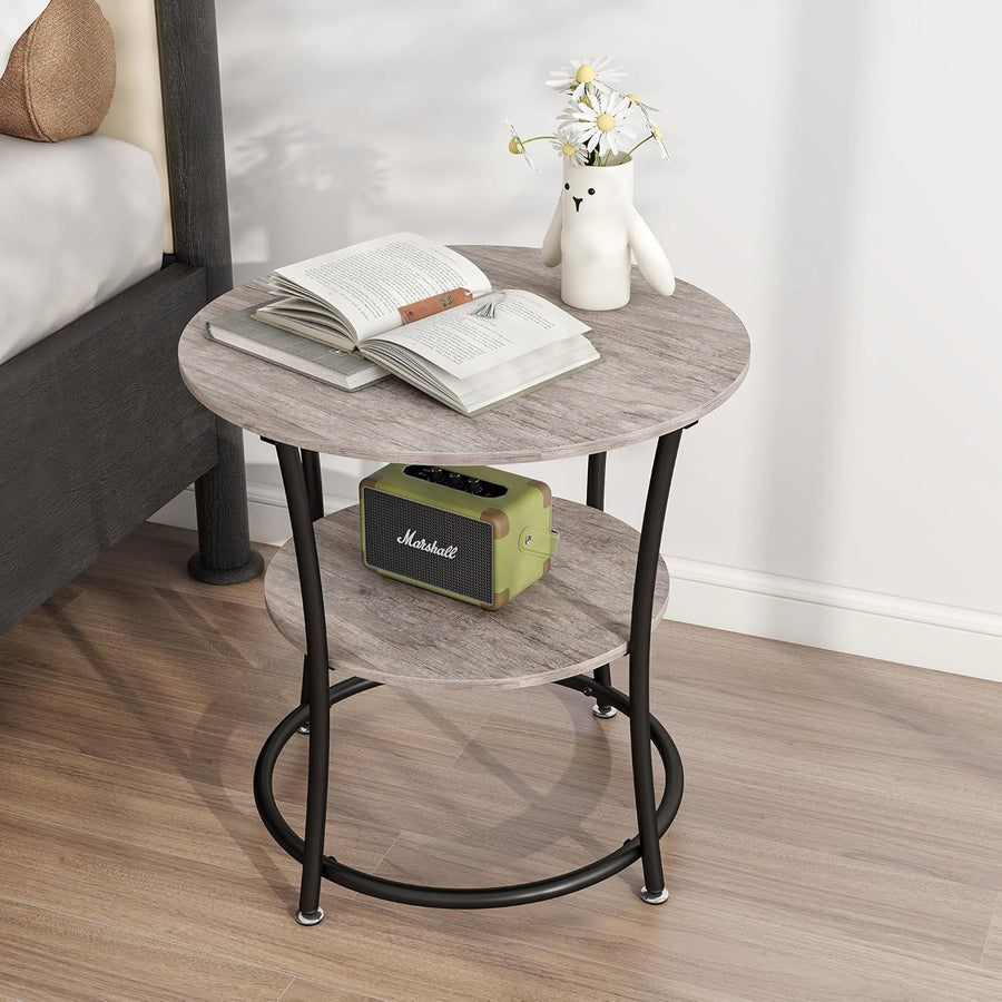 Round 2-Tier Side Table with Storage Shelves, Sturdy Metal Frame, Grey