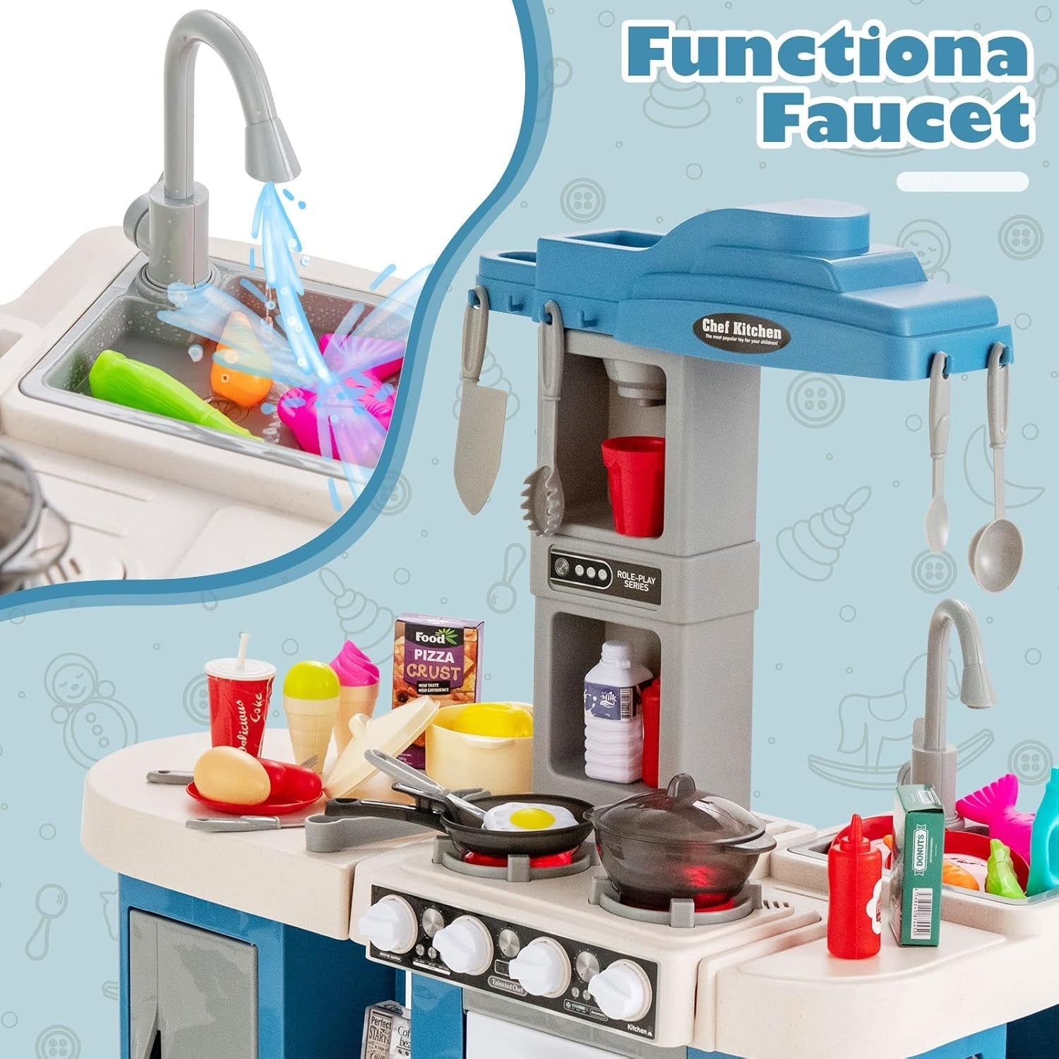 Kids Play Kitchen Blue w/ Lights Sounds Running Water Steam Effects