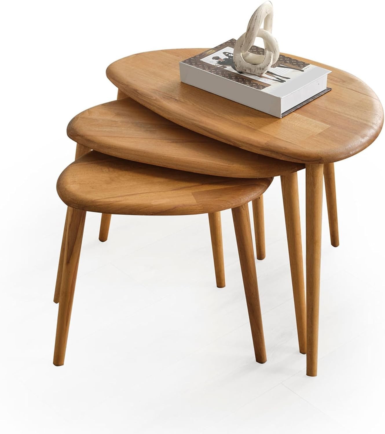 Oak Wood Nesting Coffee Table Set of 3 Mid-Century Modern Oval Living Room