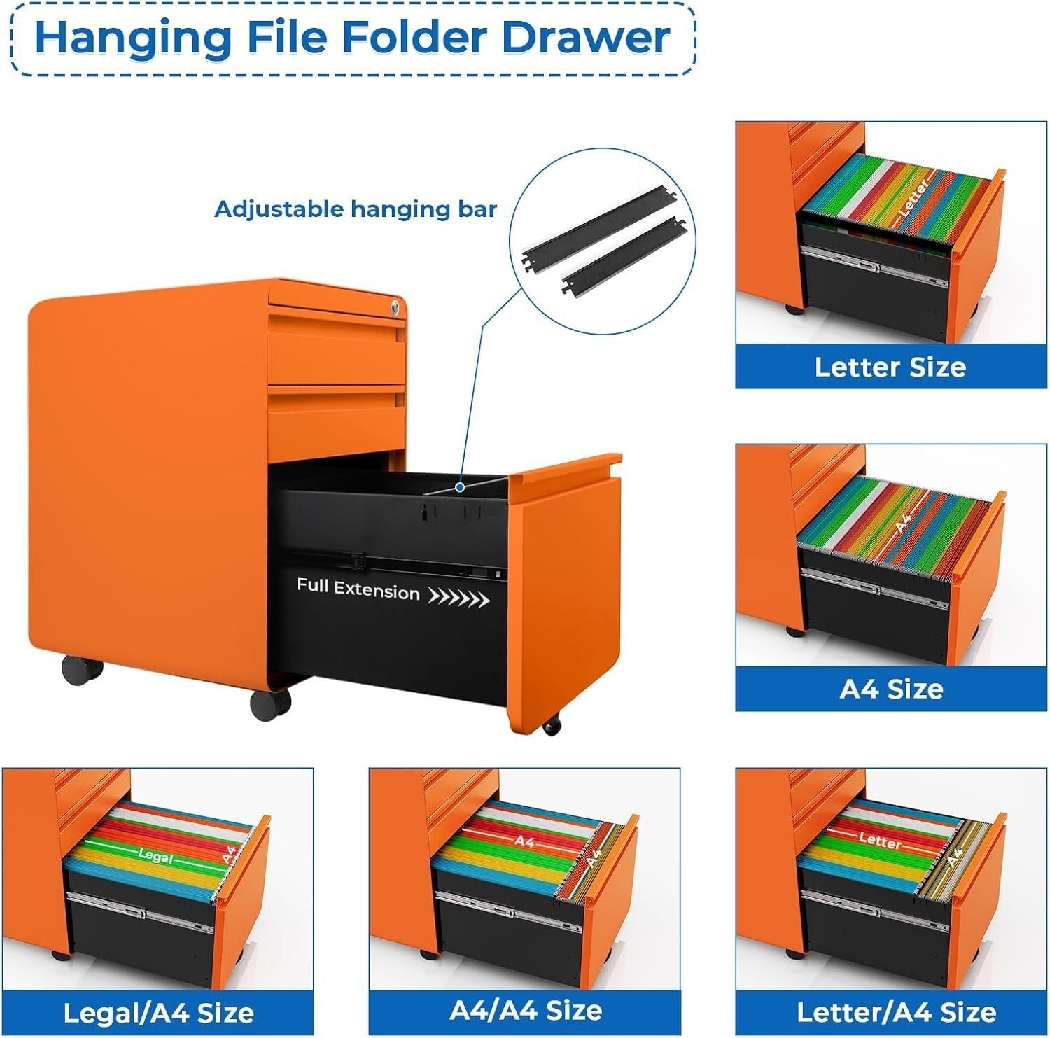 Orange Lockable Metal Filing Cabinet 3 Drawer A4 Anti Tilt on Wheels