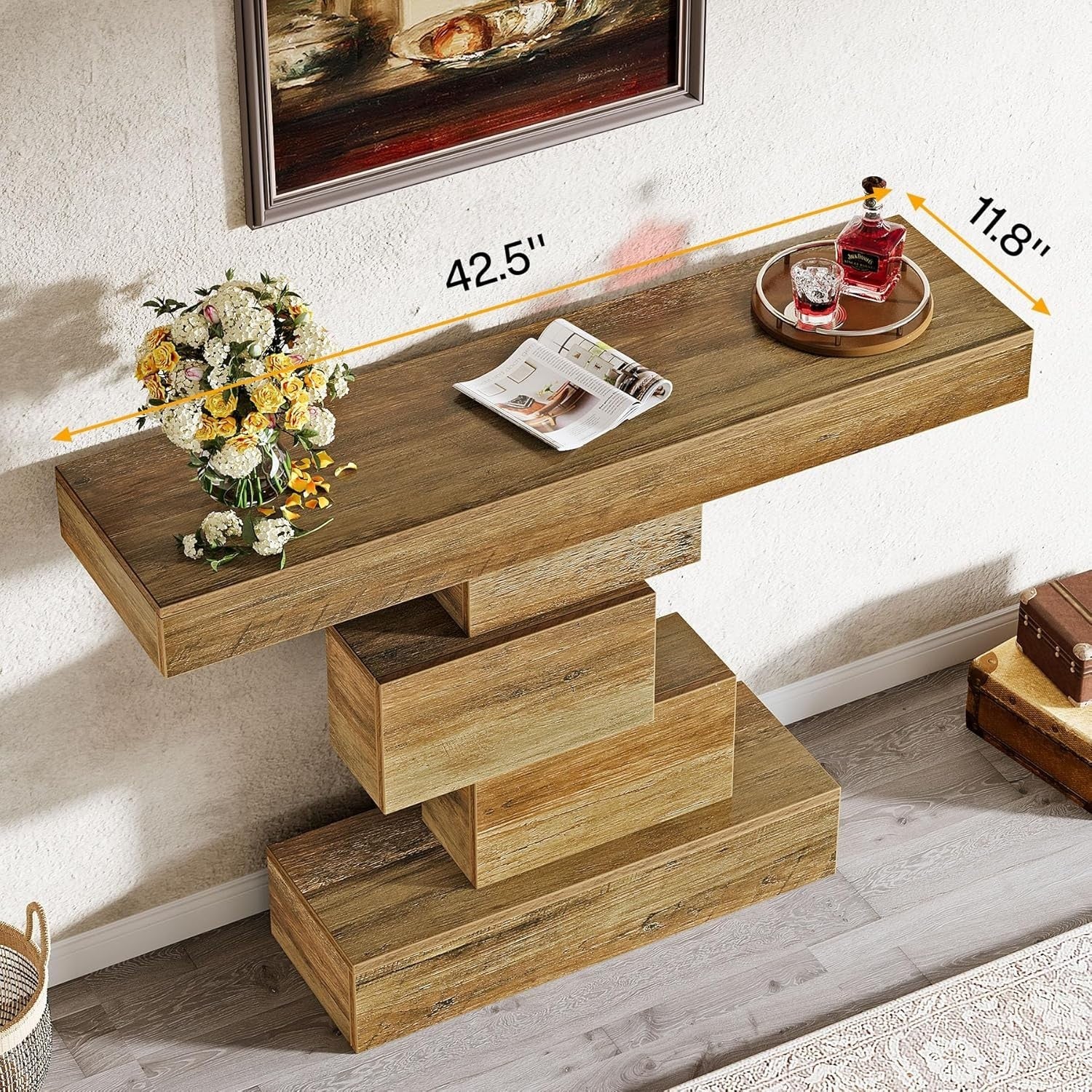 Rustic Oak Console Table with Geometric Base, Slim 108cm Sofa Hallway Table