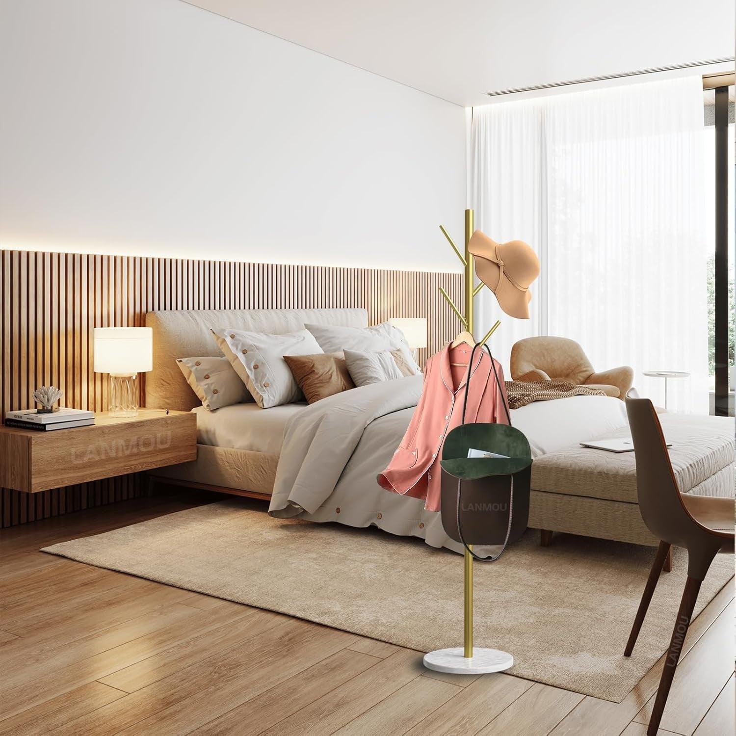 Gold Metal Coat Stand with Marble Base 7 Hooks Tree Rack for Bedroom Hallway