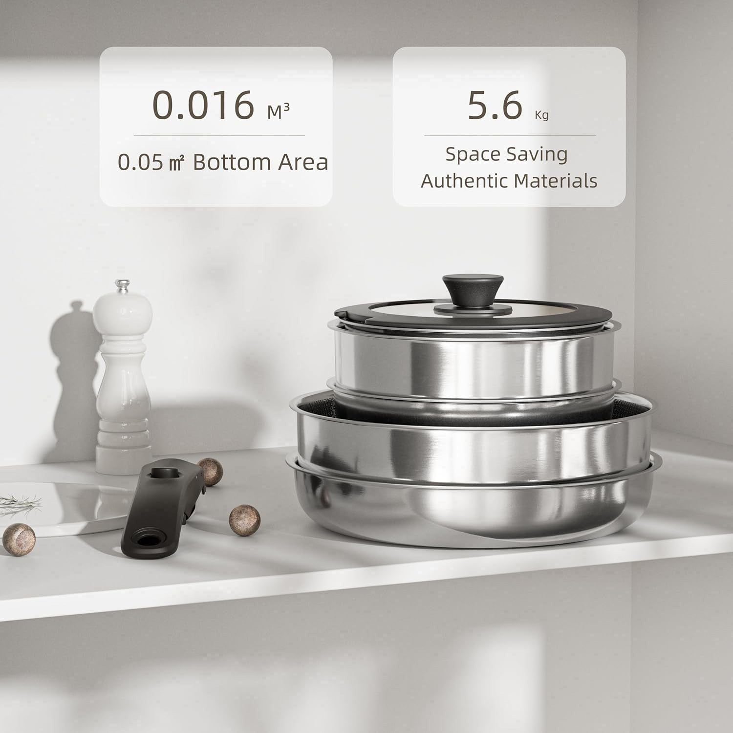 5Pcs Stainless Steel Pots Pans Set with Lids & Detachable Handle Induction Safe