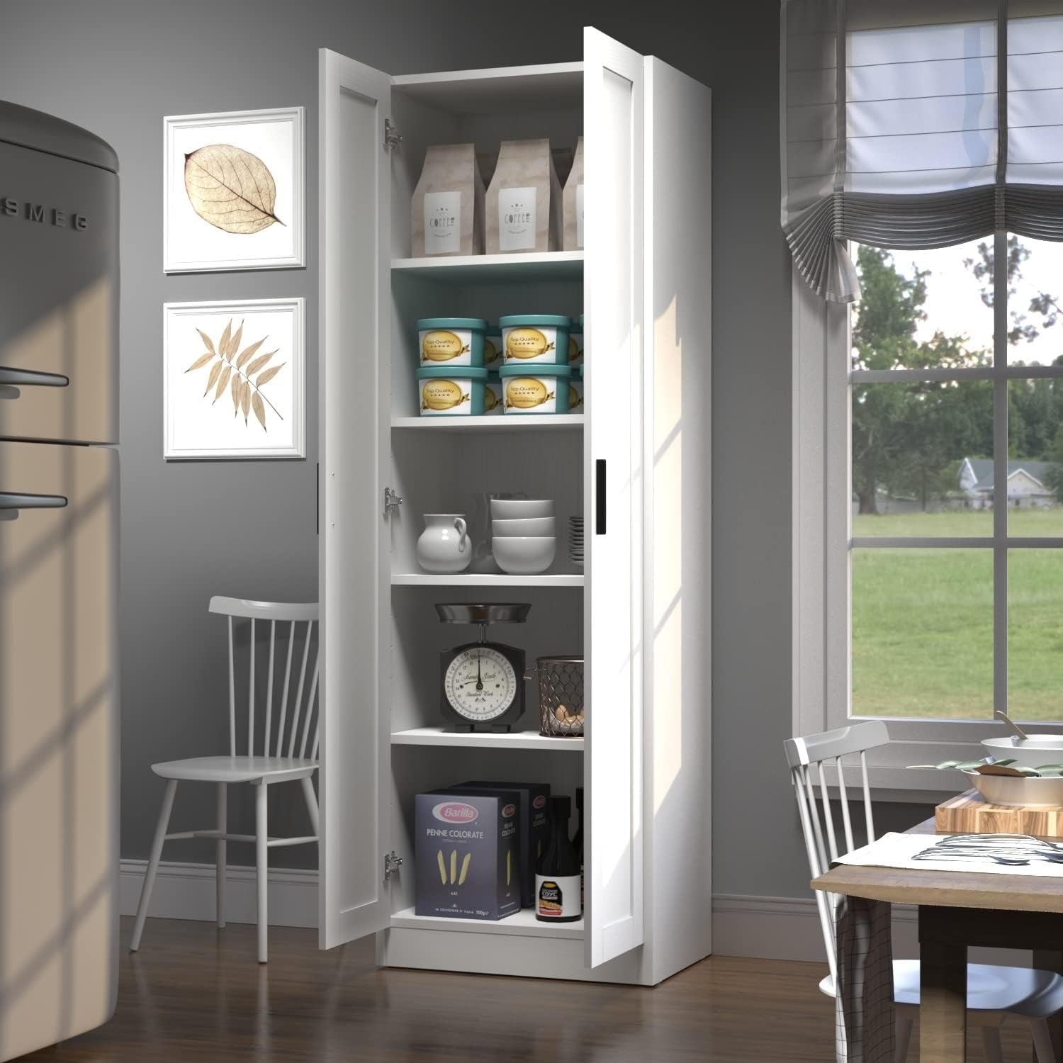 Tall White Storage Cupboard 2 Door Wooden Cabinet with Adjustable Shelves