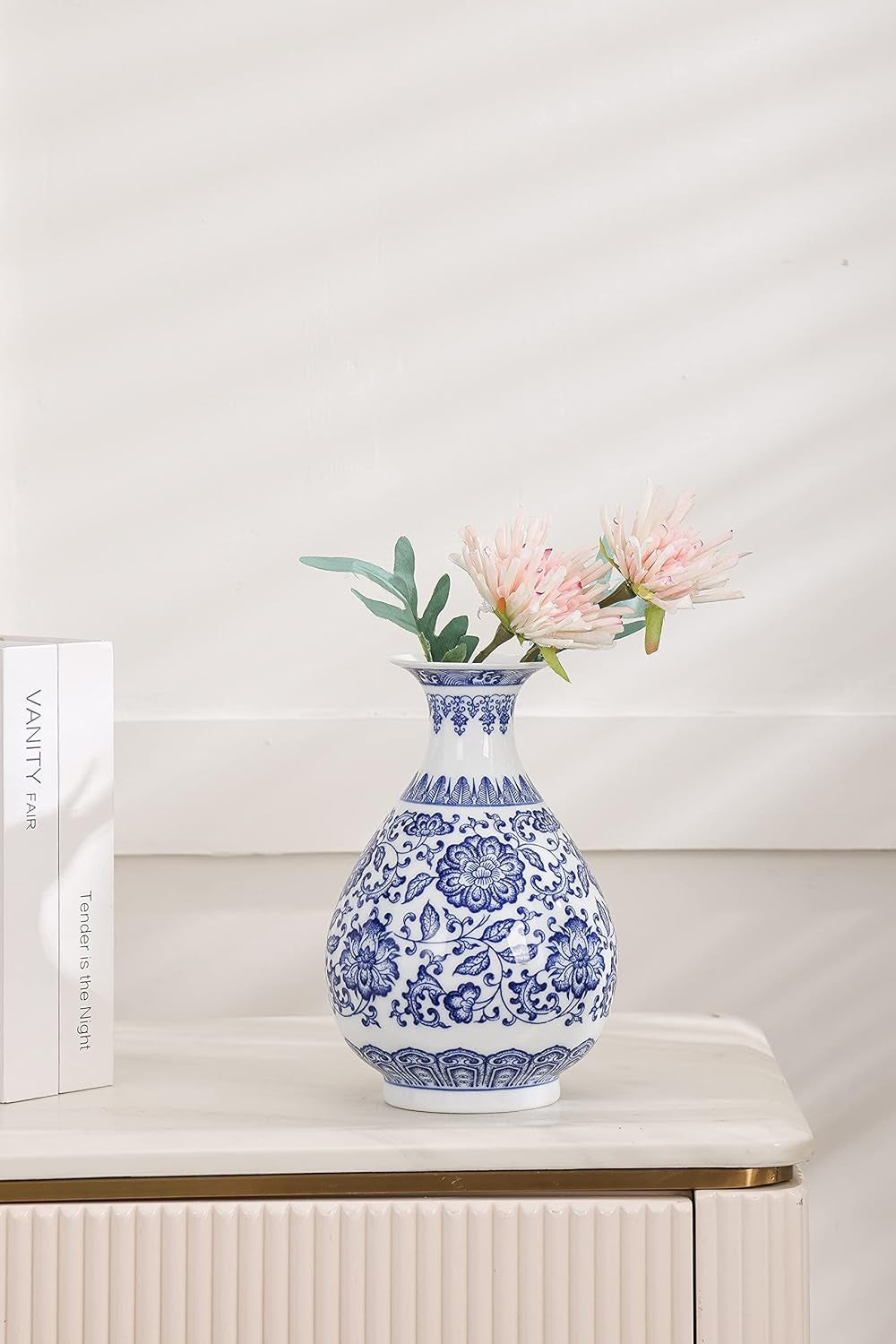 Blue White Chinoiserie Ceramic Vase 8in Glossy Floral Table Centerpiece