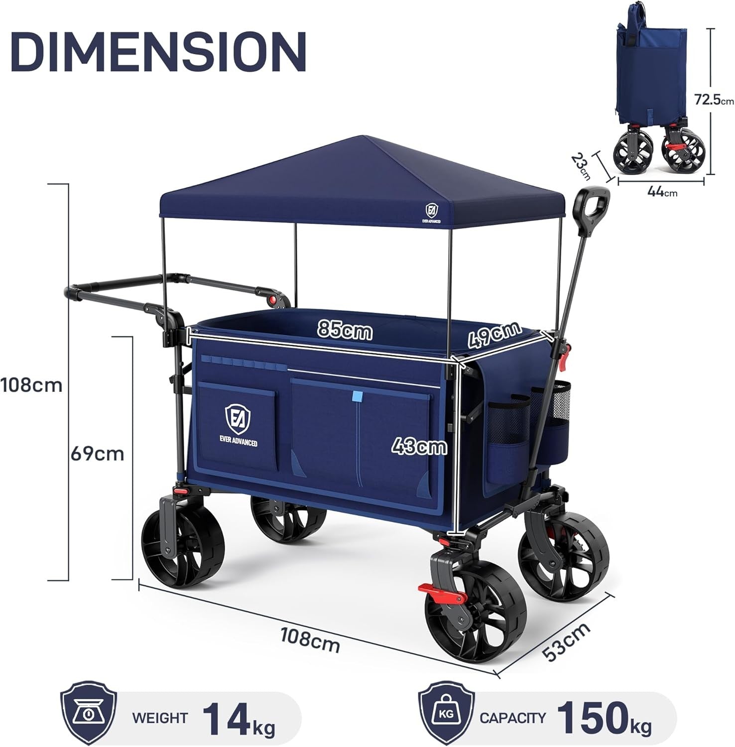 225L Folding Camping Wagon Trolley Heavy Duty Garden Cart Canopy All Terrain