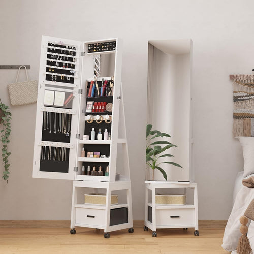 White 4 in 1 Rotating Jewellery Cabinet Full Length Mirror with Wheels