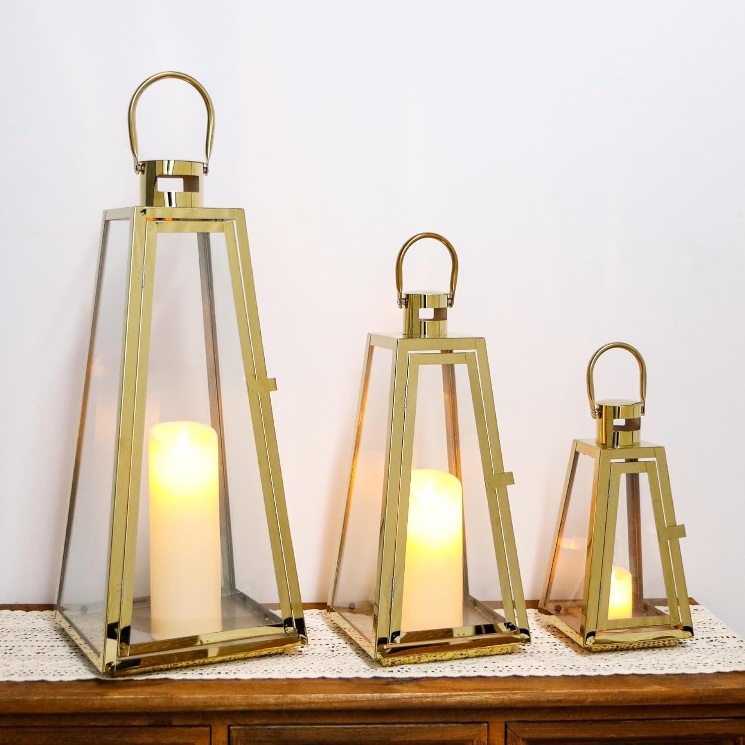 Set of 3 Gold Stainless Steel Lanterns Hanging Candle Holders