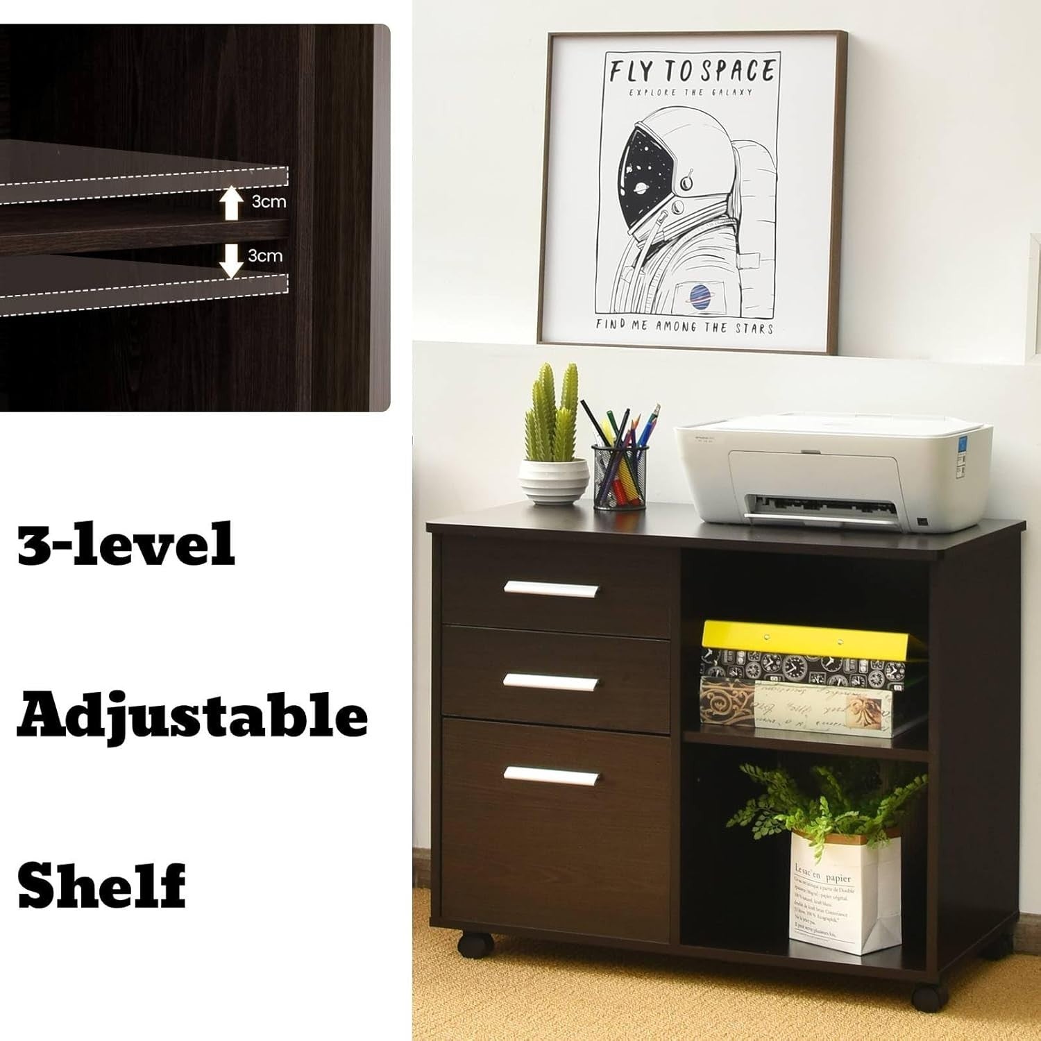 3 Drawer Mobile Filing Cabinet with Shelves Under Desk Office Storage Coffee
