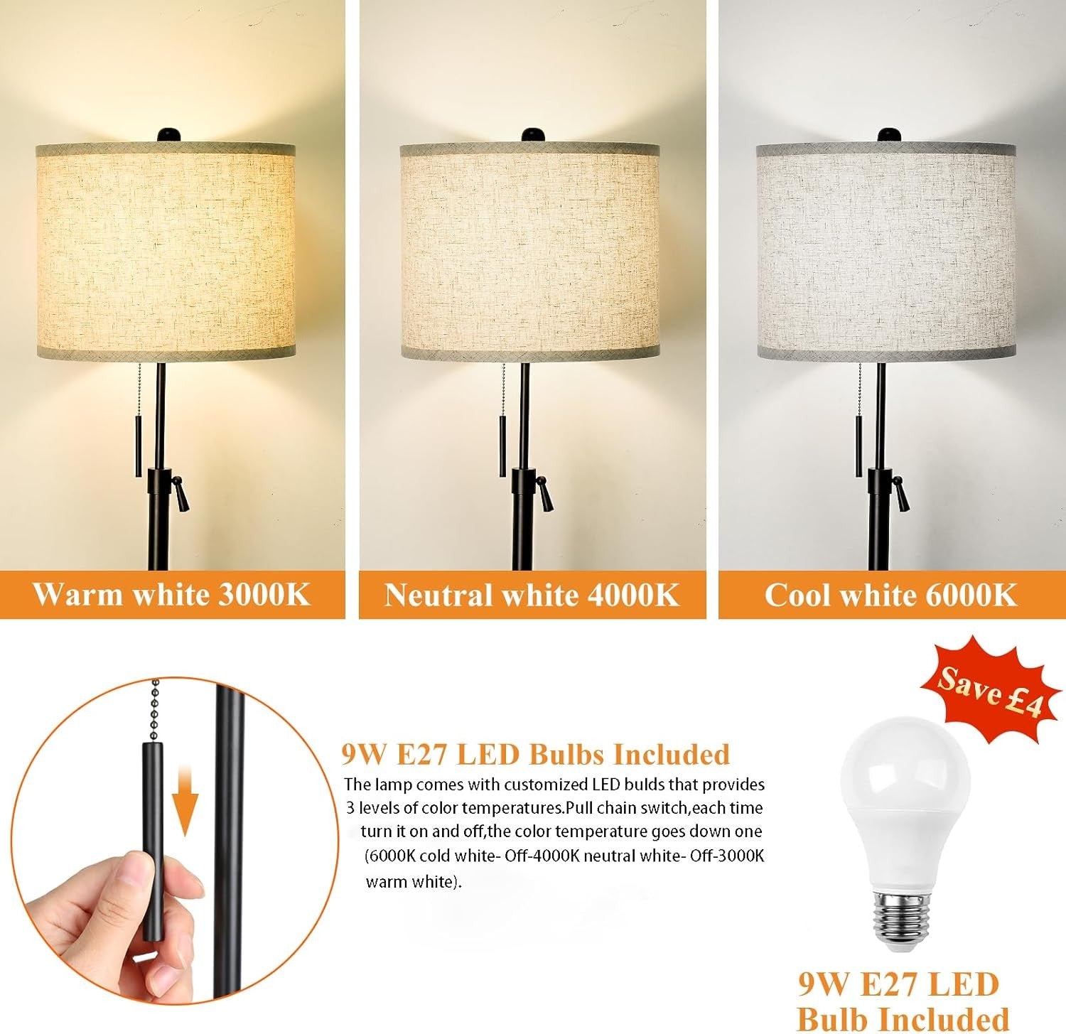 Modern Floor Lamp Height Adjustable Linen Shade 3 Colour Standing