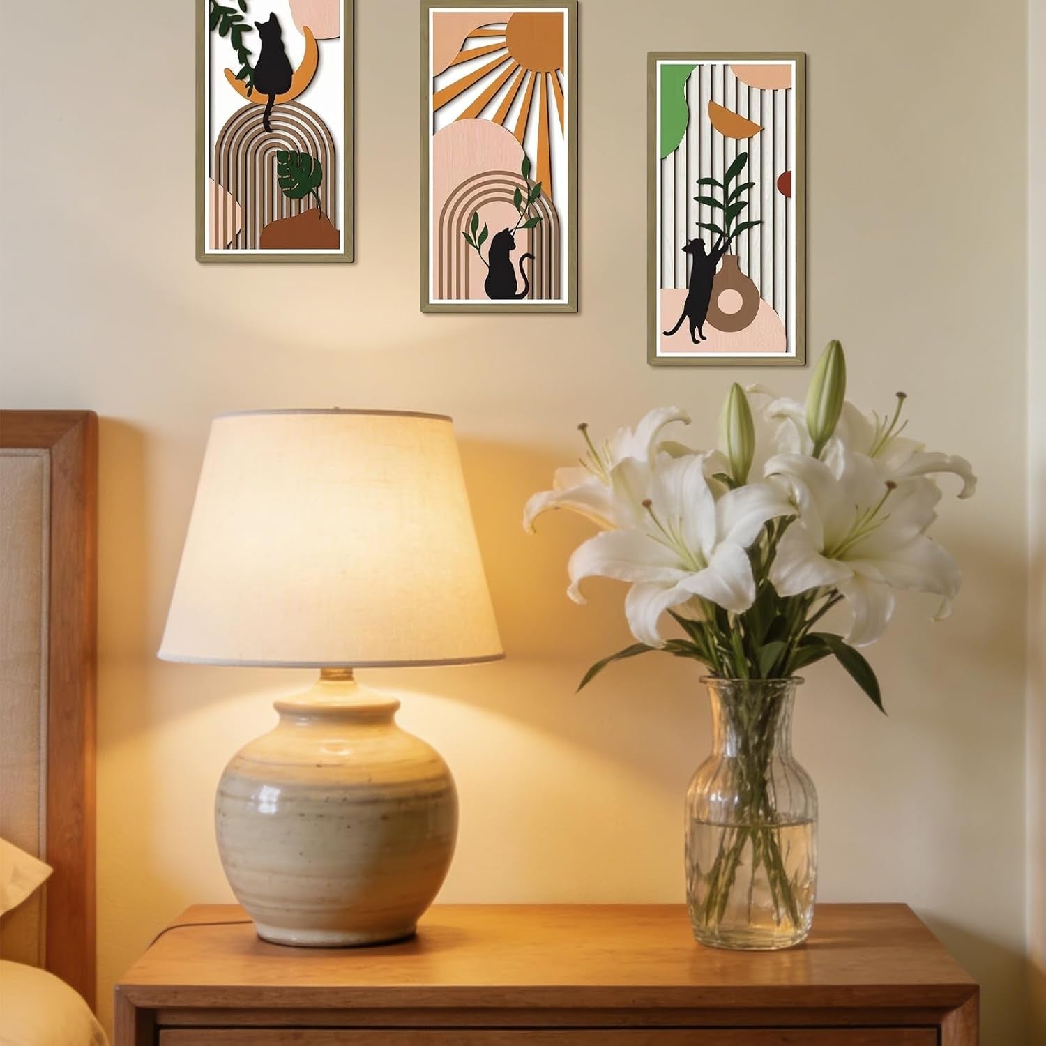 Boho Wooden Cat Wall Art Set 3Pcs Geometric Decor