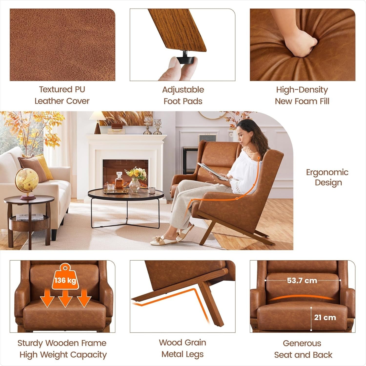 Brown PU Leather Accent Chair High Back Armchair for Lounge Office