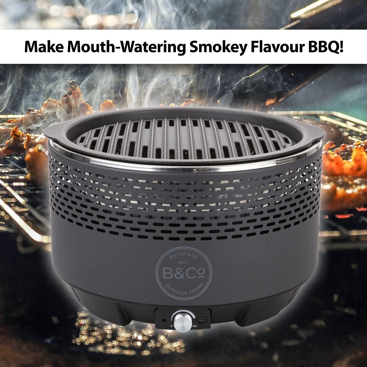 Smokeless Charcoal BBQ Grill Portable Tabletop Fan-Controlled Outdoor Cooking