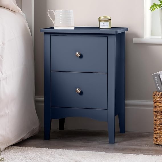 Navy 2 Drawer Bedside Table Modern MDF Nightstand | Smooth Glide Storage Unit