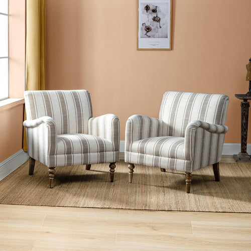 Set of 2 Striped Upholstered Armchair with Wooden Legs for Lounge or Bedroom Tan