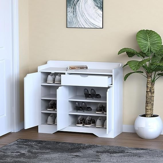 White Shoe Storage Cabinet with Drawer & Shelf, Modern Hallway Organiser Unit