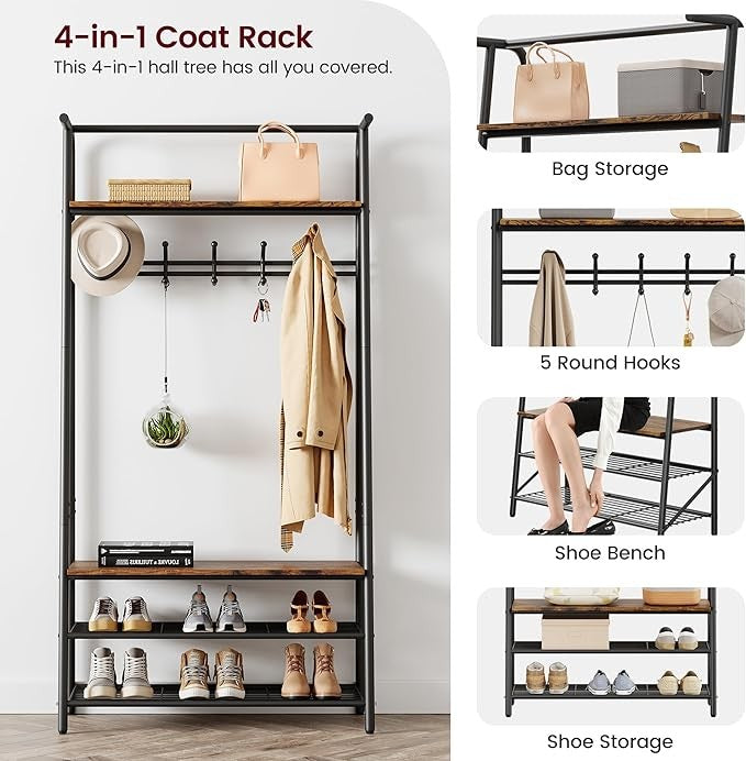 Rustic Brown 4-in-1 Coat Rack with Shoe Storage & 5 Hooks Metal Hall Tree