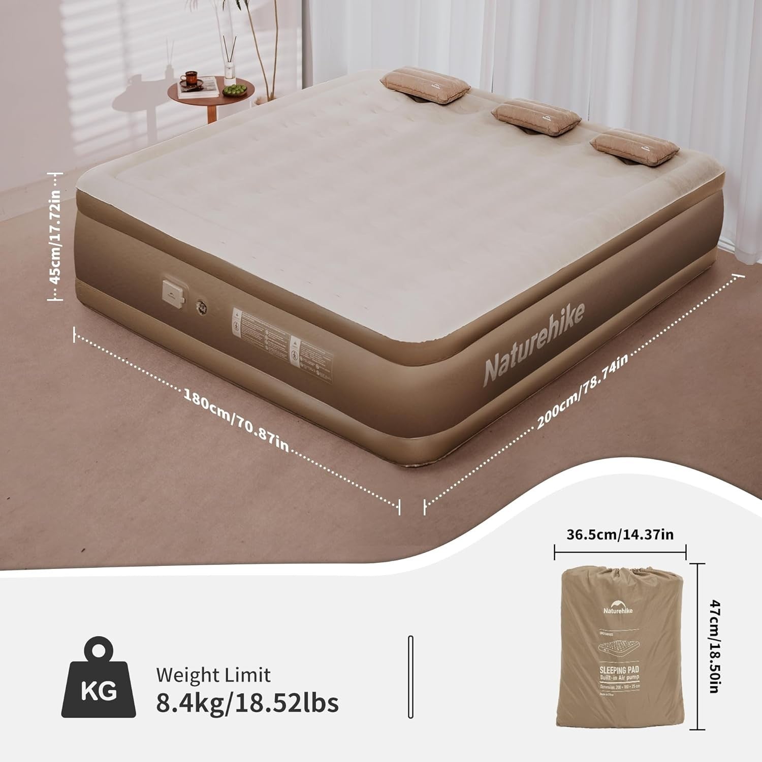 3-Person Inflatable Mattress Air Bed Built-in Pump, 200x180x45cm, Camping & Home