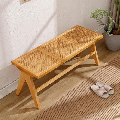 Rustic Wooden Rattan Bench Dining Entryway Ottoman Seat for Home Decor Yellow