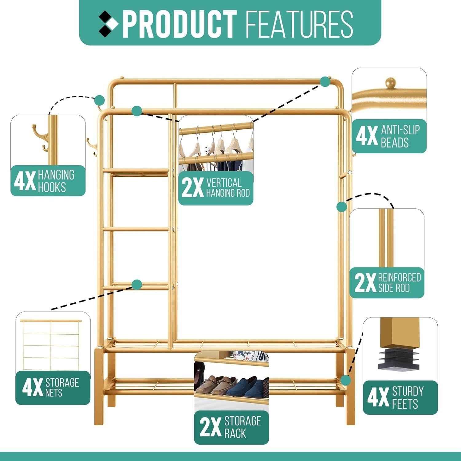 Heavy Duty Gold Clothes Rail 120KG Double Hanging Rack With Shelves