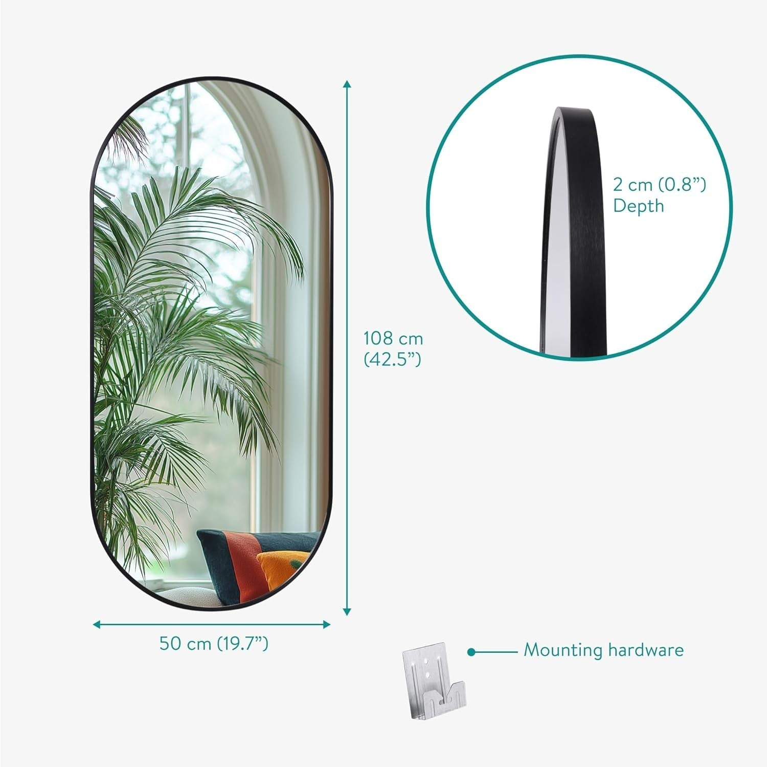 Large Oval Wall Mirror Full Length 110cm Black Frame for Bedroom Bathroom