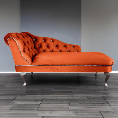 Tufted Pumpkin Velvet Chaise Lounge Sofa Left Hand – Handmade, Compact &Elegant