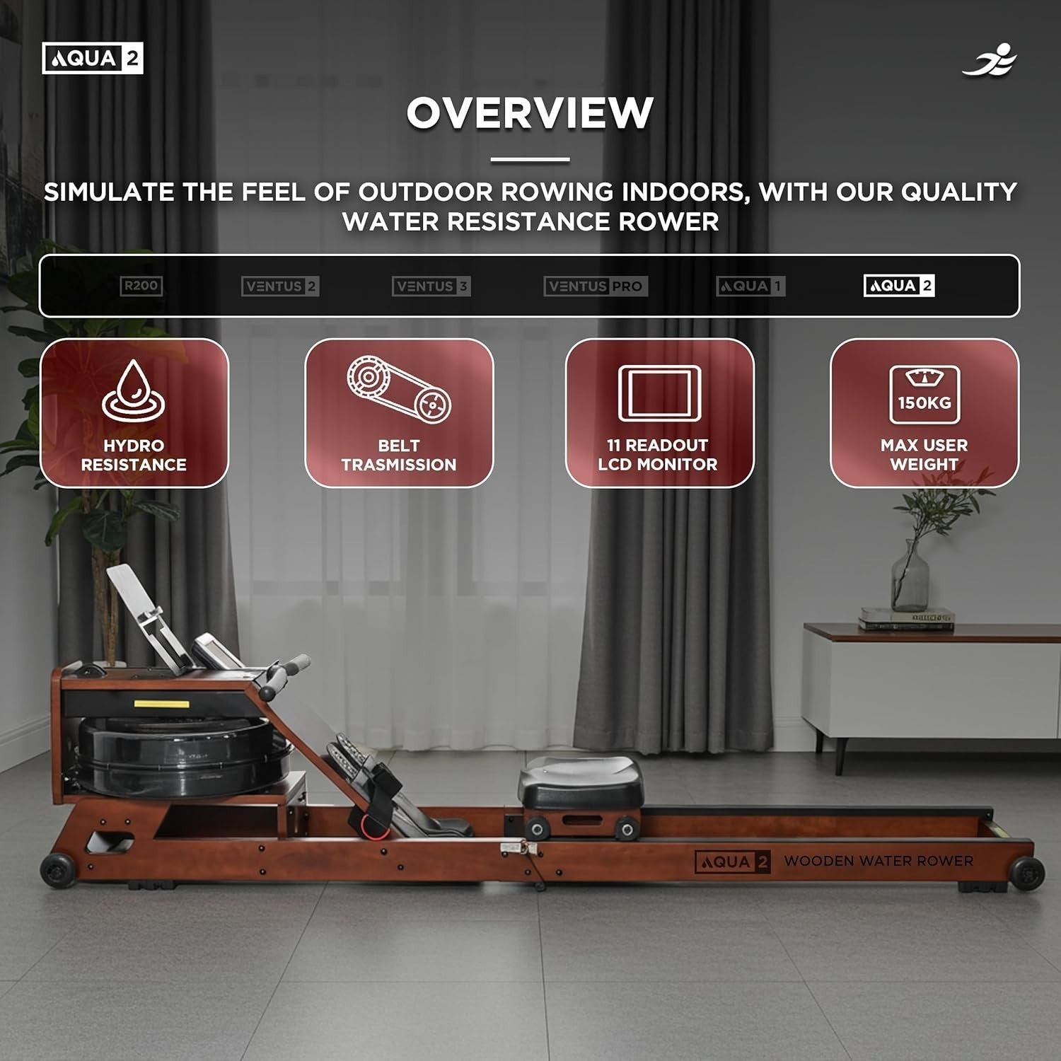 Foldable Water Rowing Machine Hydro Resistance LCD Bluetooth Home Rower 150KG