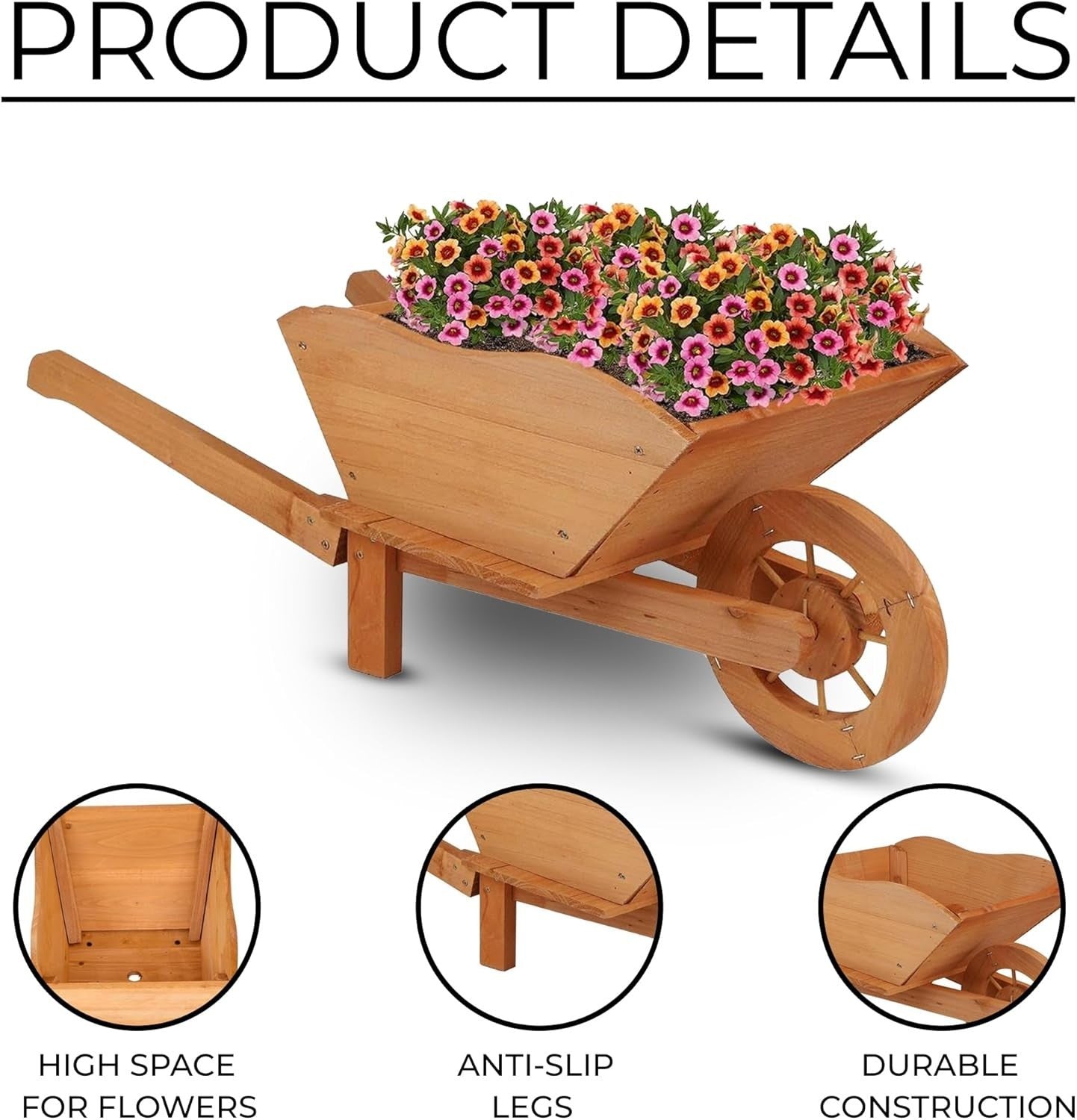 Large Wooden Garden Wheelbarrow Planter – Rustic Brown Design w/ Handles & Wheel
