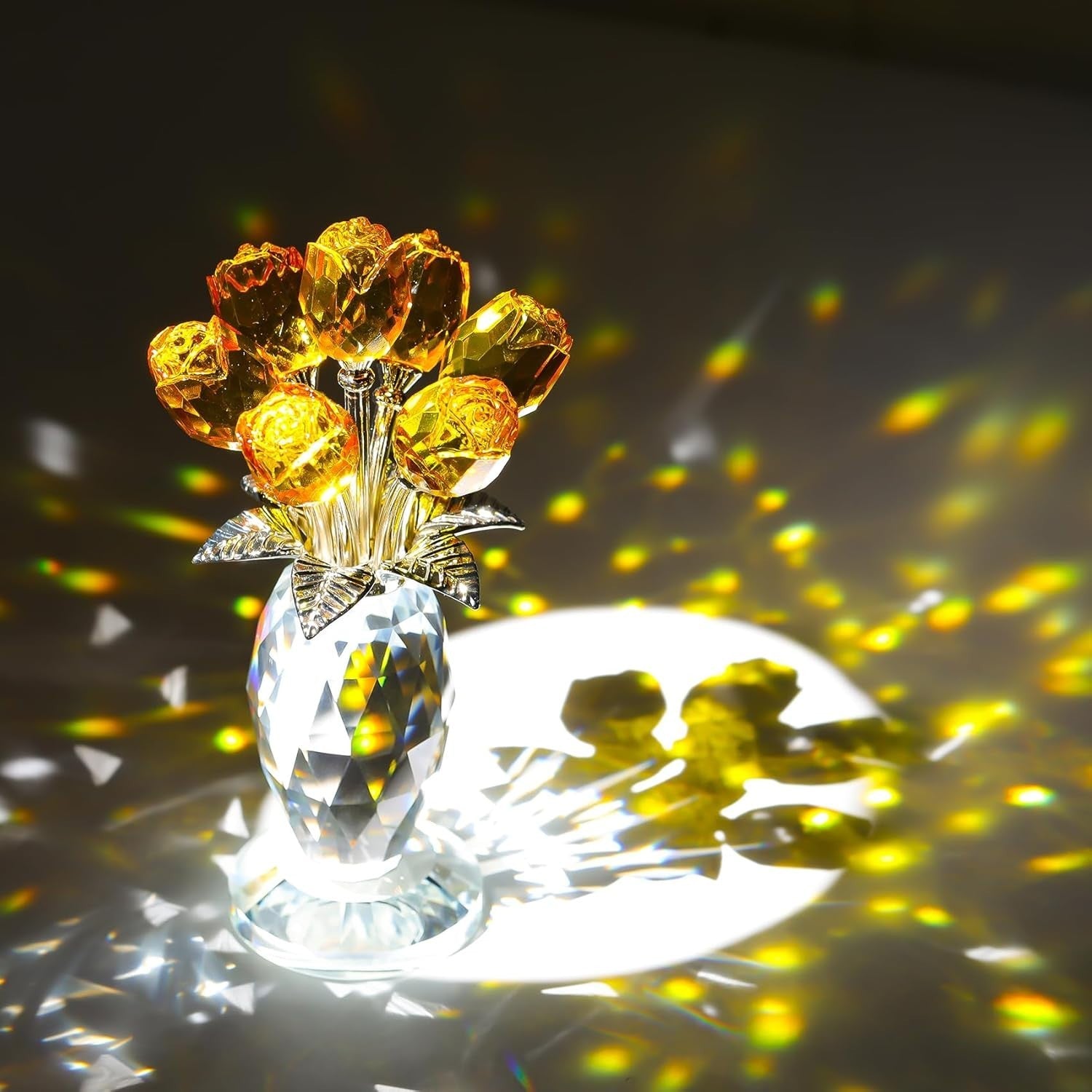 Yellow Crystal Rose Bouquet Ornament Glass Flower Figurine Gift for Mum Wife