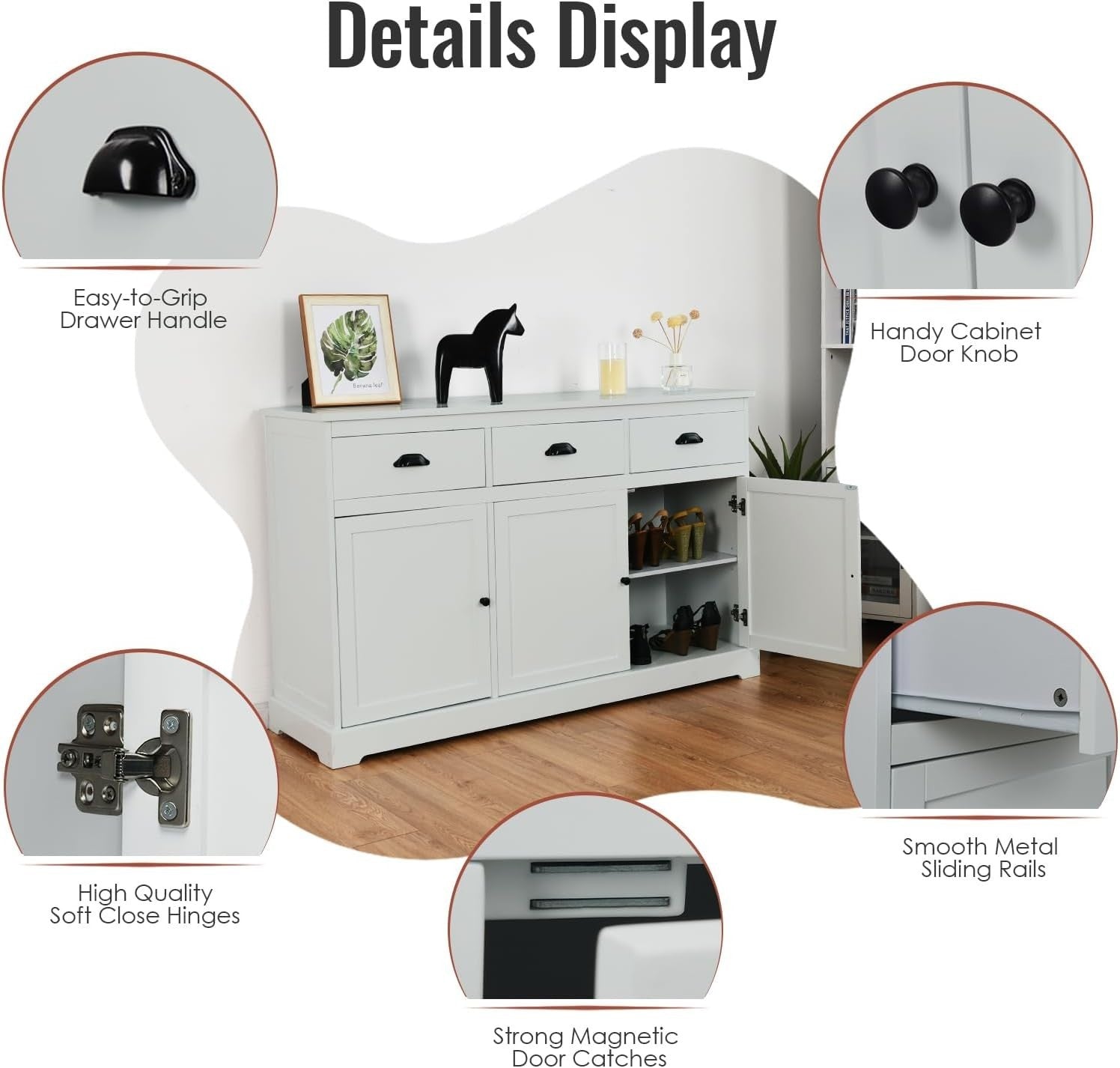 Grey Large Sideboard Buffet Cabinet with 3 Drawers & Adjustable Shelves
