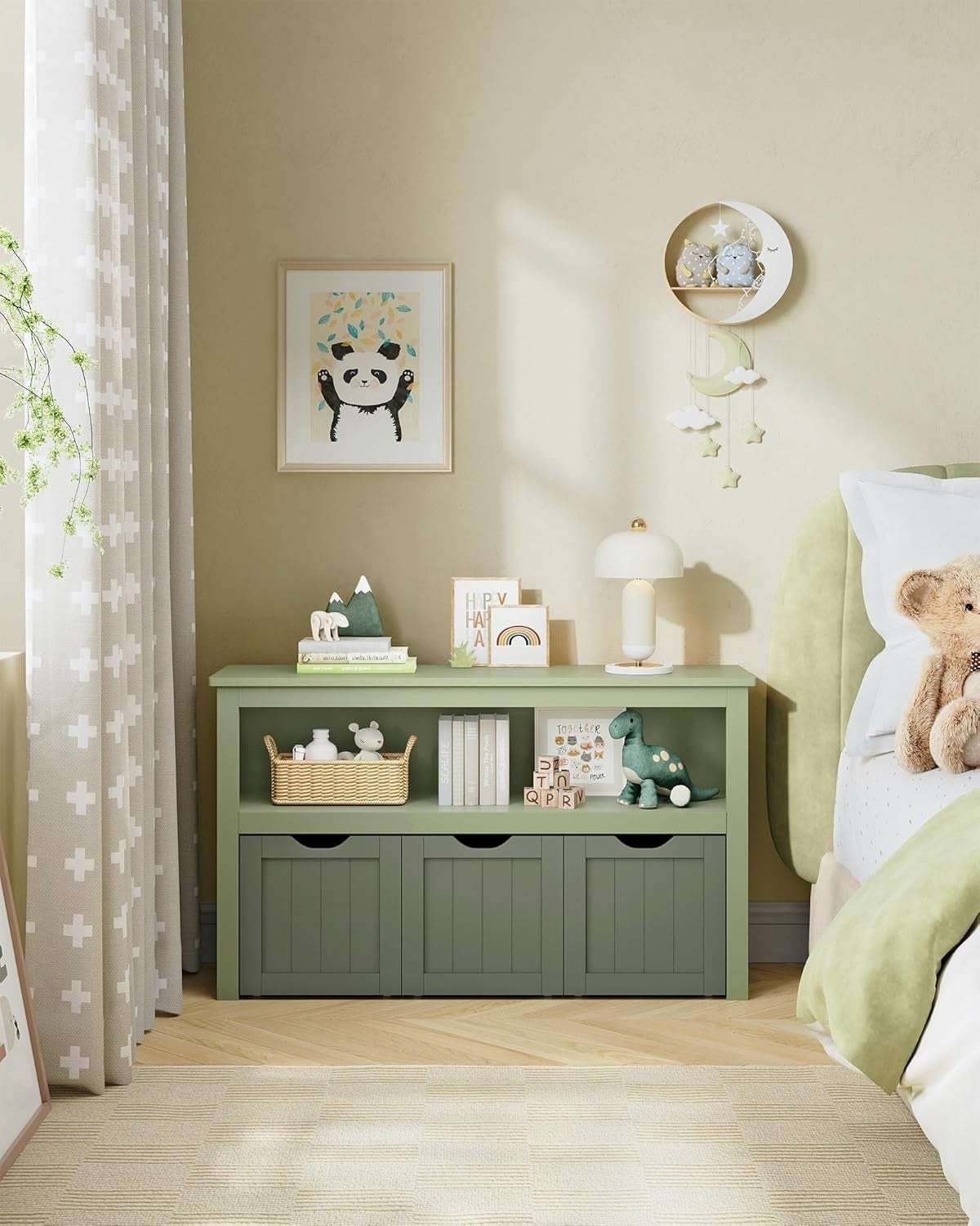 Kids Toy Storage Cabinet Green with Wheels – 3 Drawer Bookcase Unit