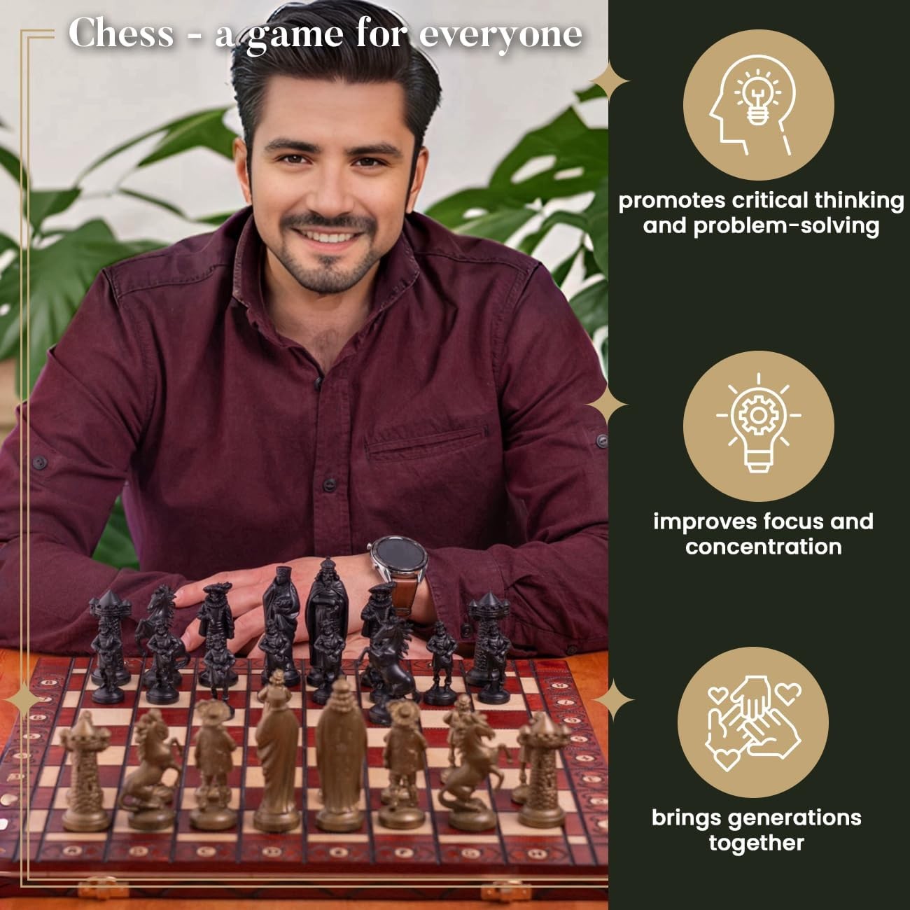 Luxury Medieval Chess Set 42cm Foldable Wooden Board Weighted Pieces Gift