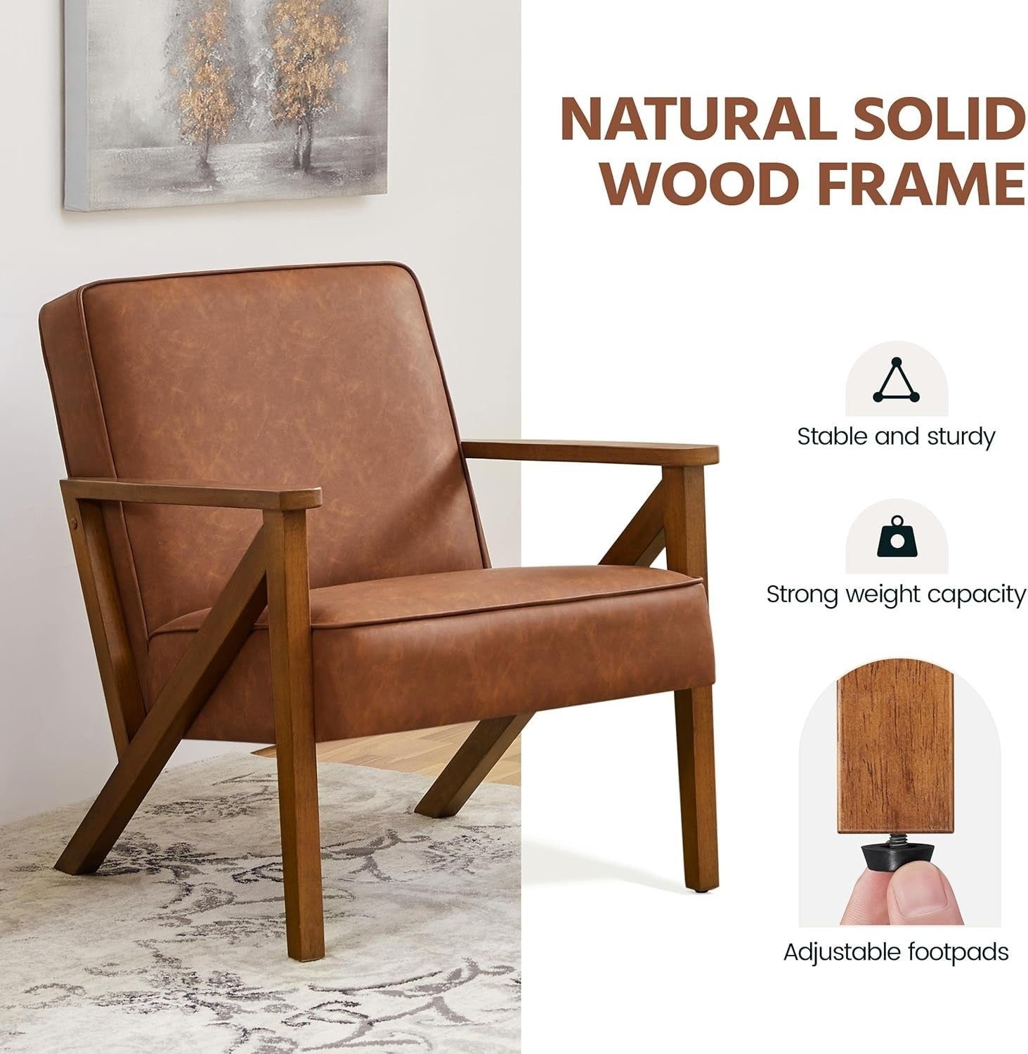 Retro Faux Leather Armchairs Set of 2, Lounge Chairs with Wood Legs