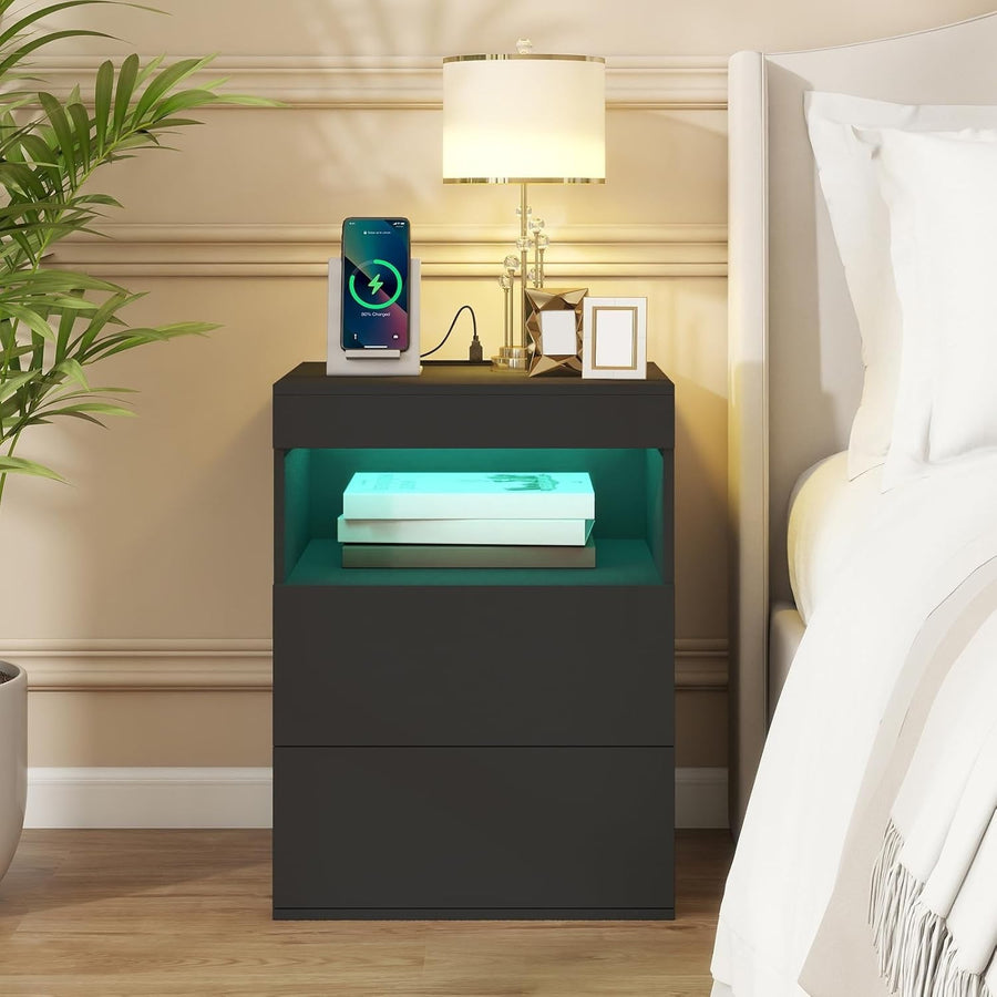 Modern Black LED Bedside Table with Drawers & USB Charging Station