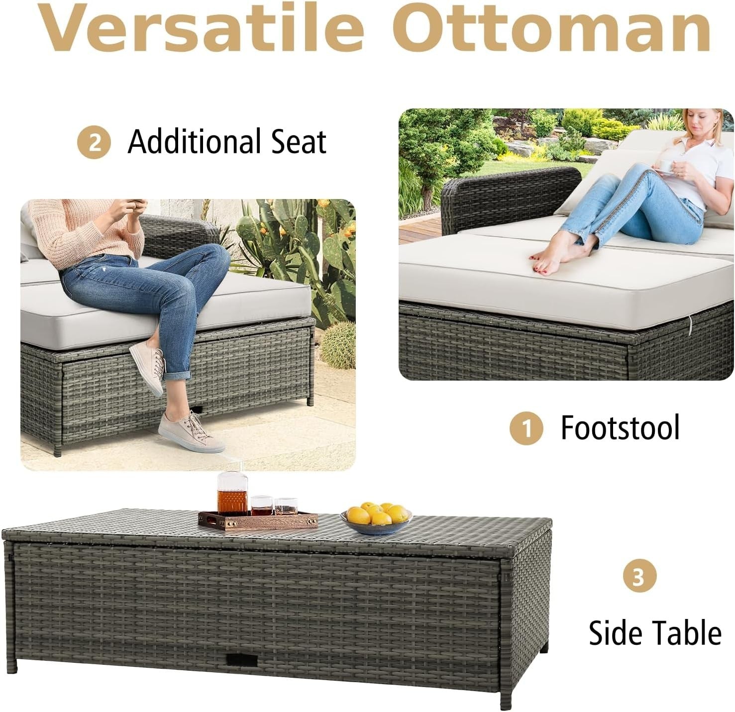 White+Grey 2-Seater Rattan Daybed Outdoor with Adjustable Back & Ottoman