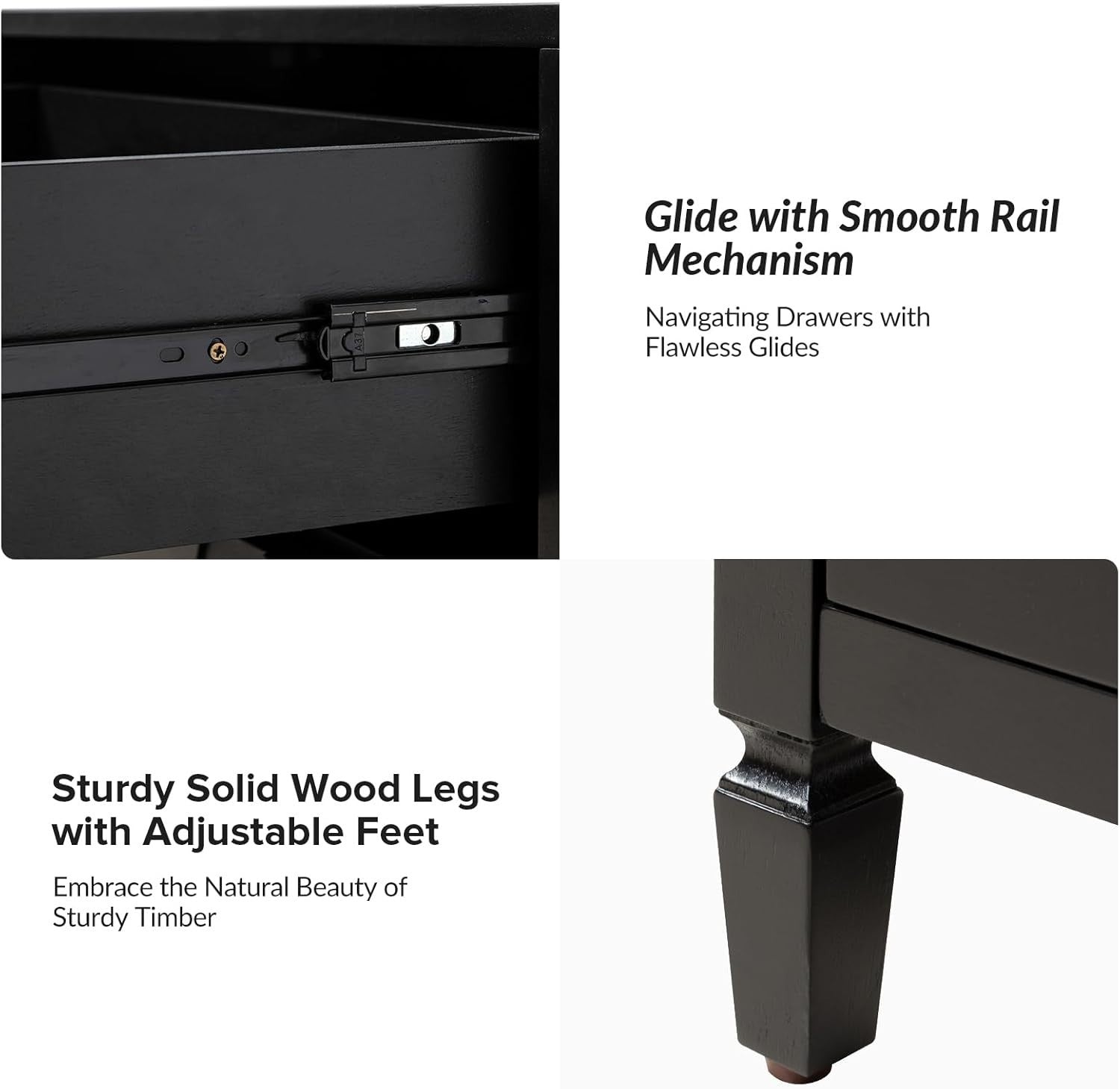 Modern Black Bedside Table with 2 Drawers & Open Shelf, Solid Wood Legs