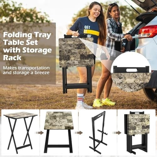 Set of 4 Folding Tray Tables with Rack Portable Faux Marble TV Snack Tables