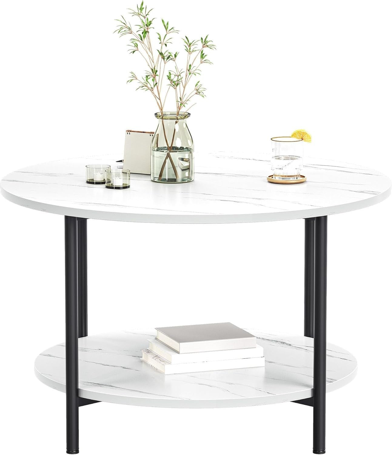 Round Coffee Table with Shelf – 2-Tier Rustic Wood & Metal, 80cm