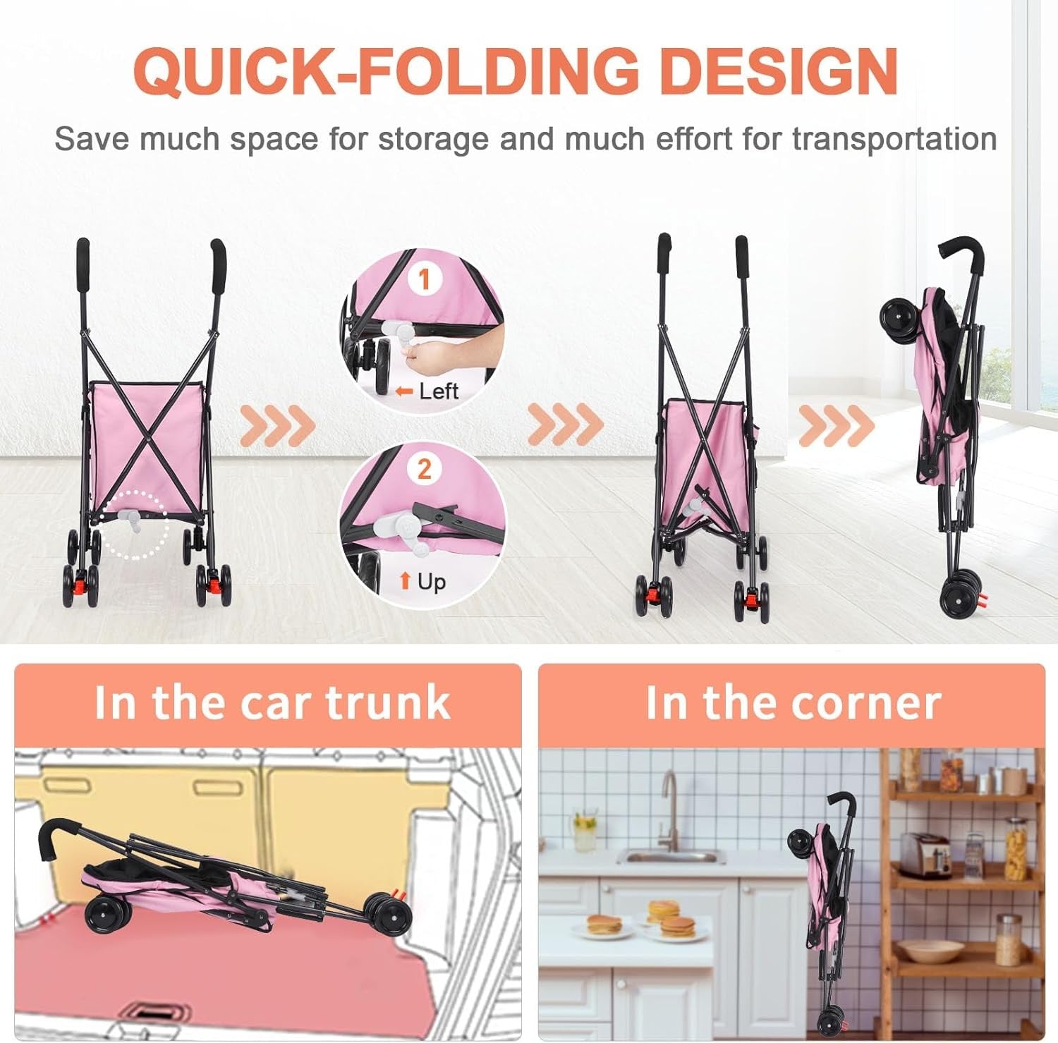 Pink Foldable Pet Shopping Cart Stroller 60lb Heavy Duty Utility Wagon