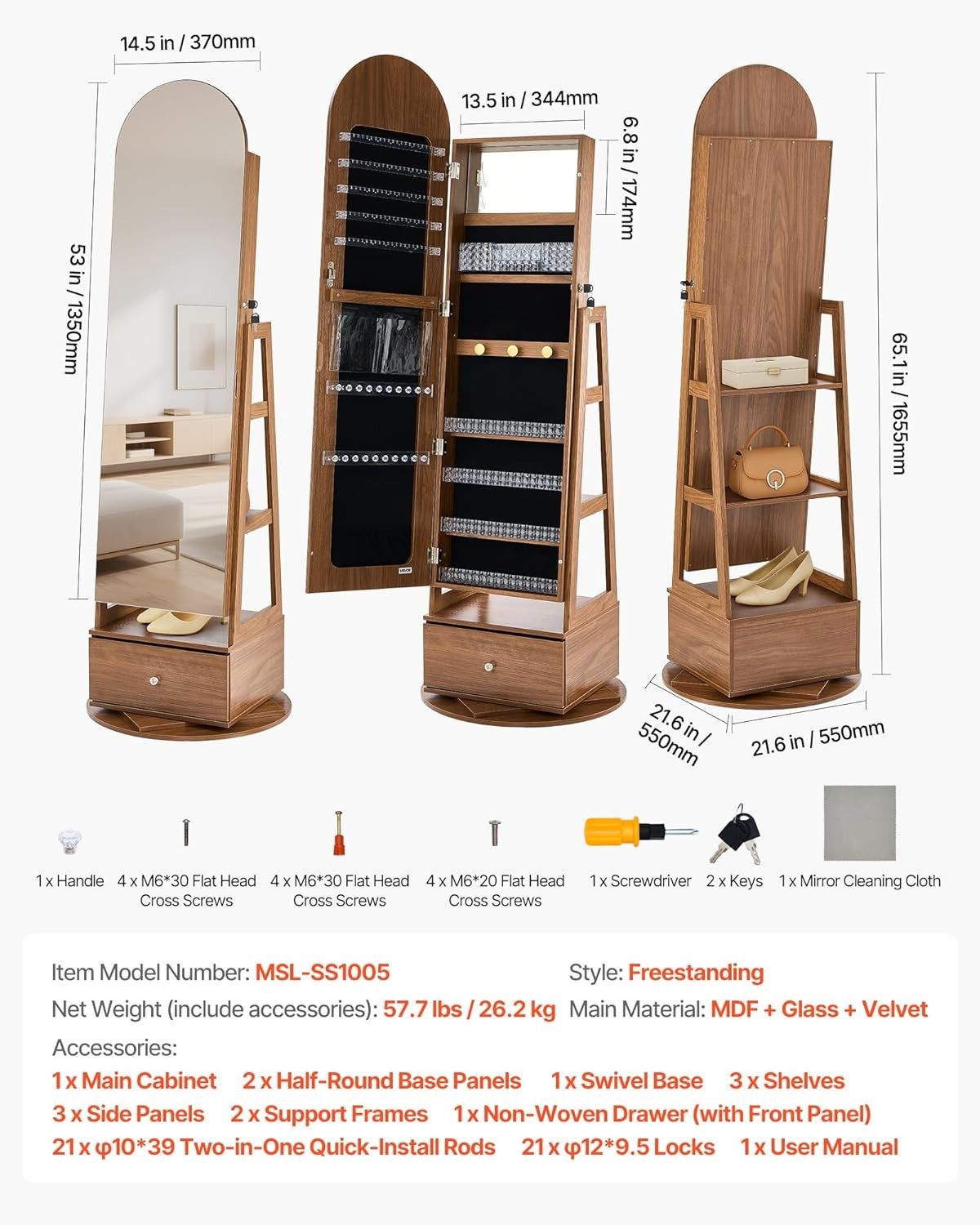 Rotating Jewelry Armoire 360 Swivel Full Length Mirror Lockable Storage
