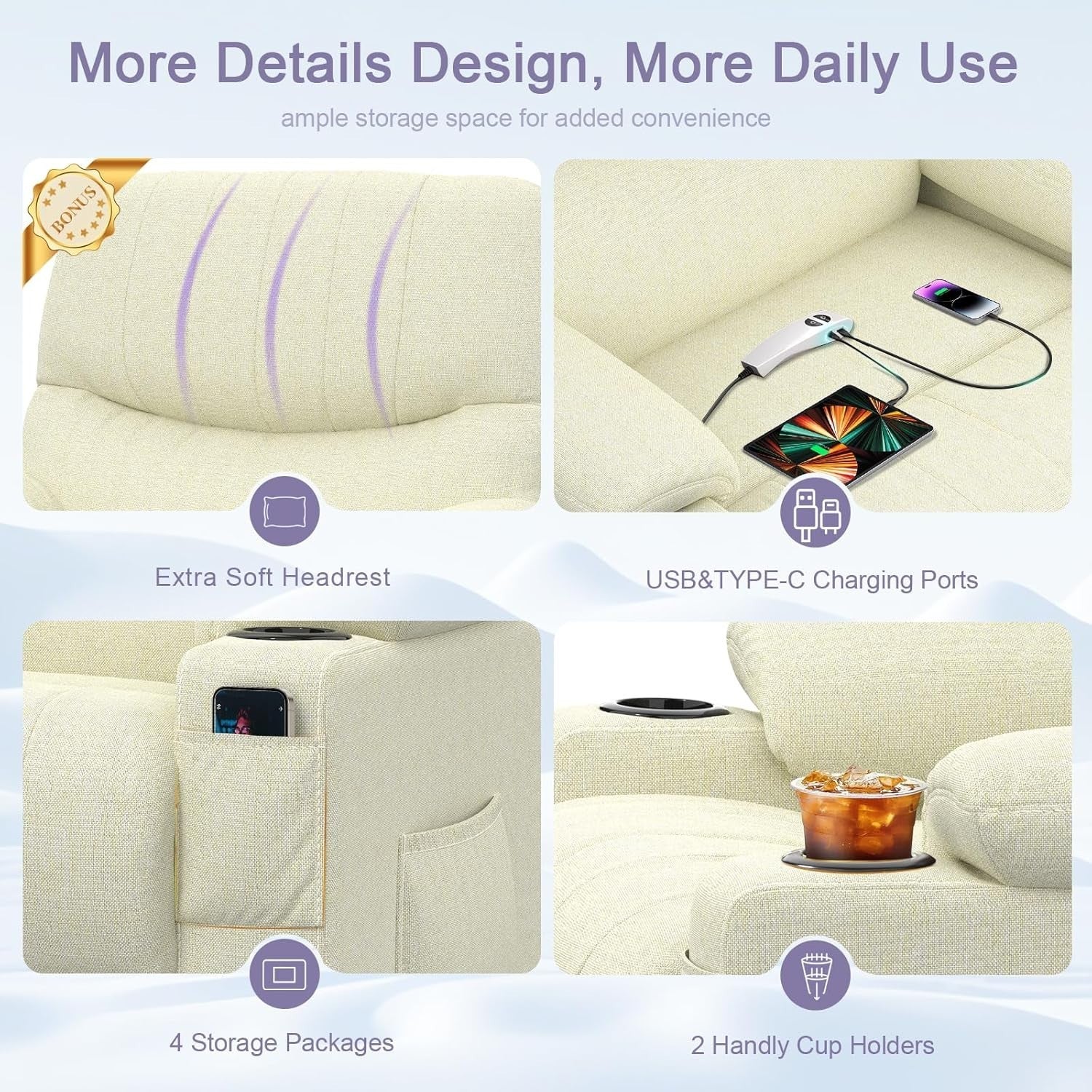 Electric Lift Recliner Chair Oversized Massage Heat USB Type-C Cream Armchair