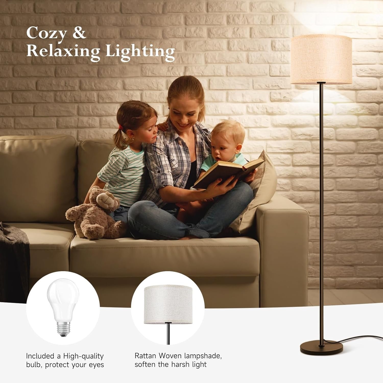 Modern Floor Lamp Linen Shade E27 Reading Light Tall Standing Lamp