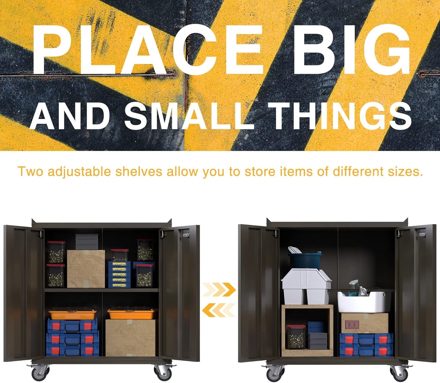 Metal Storage Cabinet with Wheels 2 Doors Shelves Lockable Garage Organizer